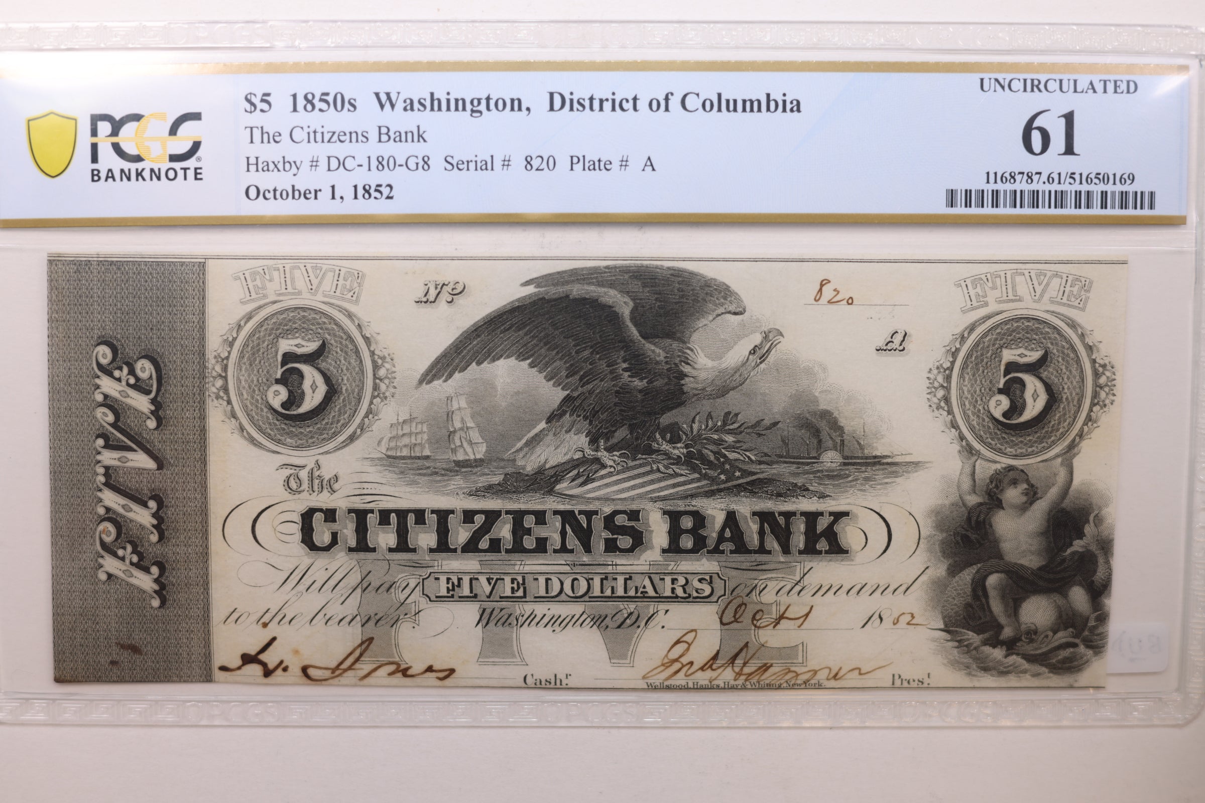 1852 $5, The City Bank, Washington D.C., Obsolete Note, PCGS CU-61, STORE #GDC033.