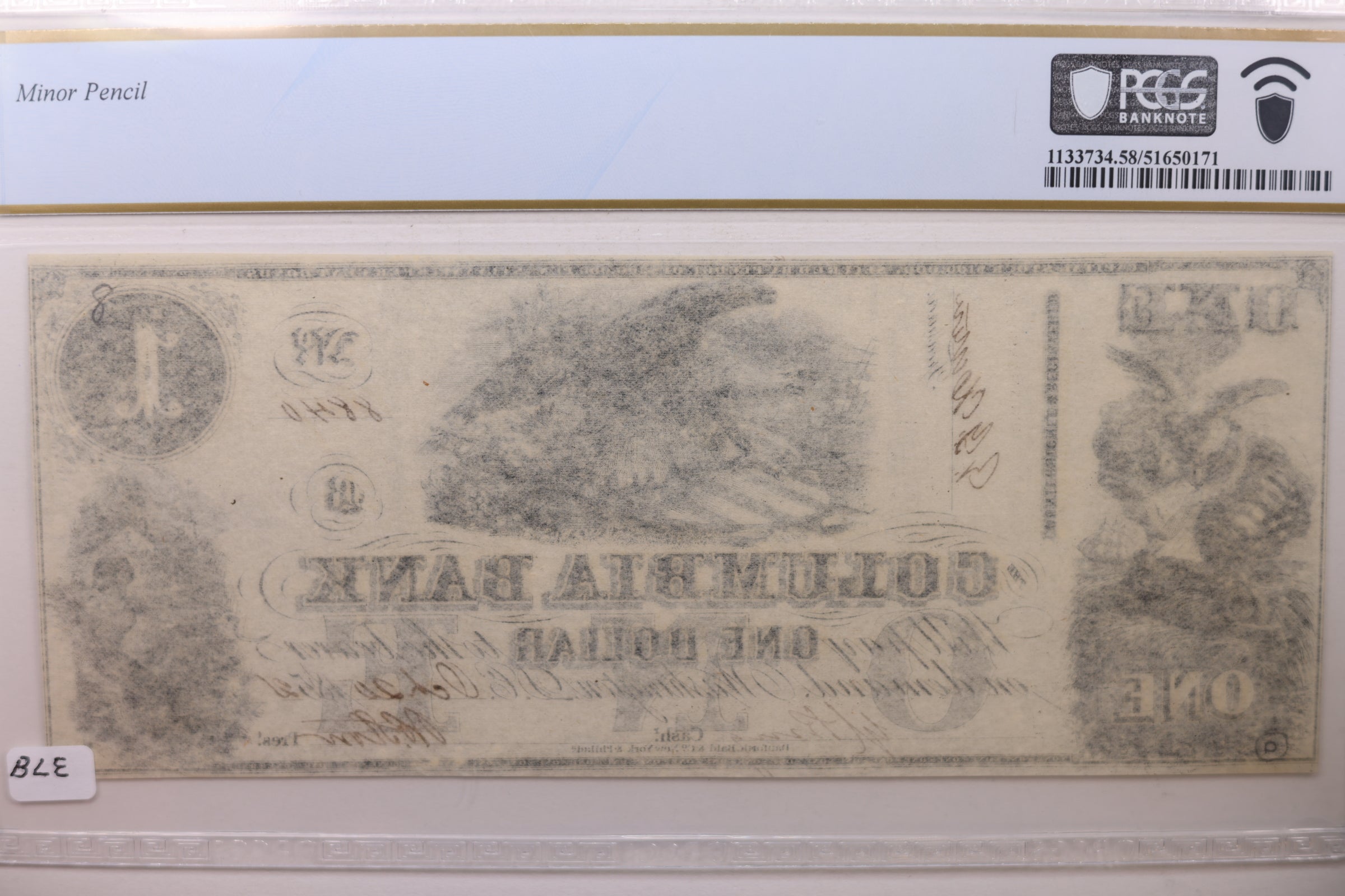 1852 $1, Columbia Bank, Washington D.C., Obsolete Note, PCGS AU-58, STORE #GDC035.