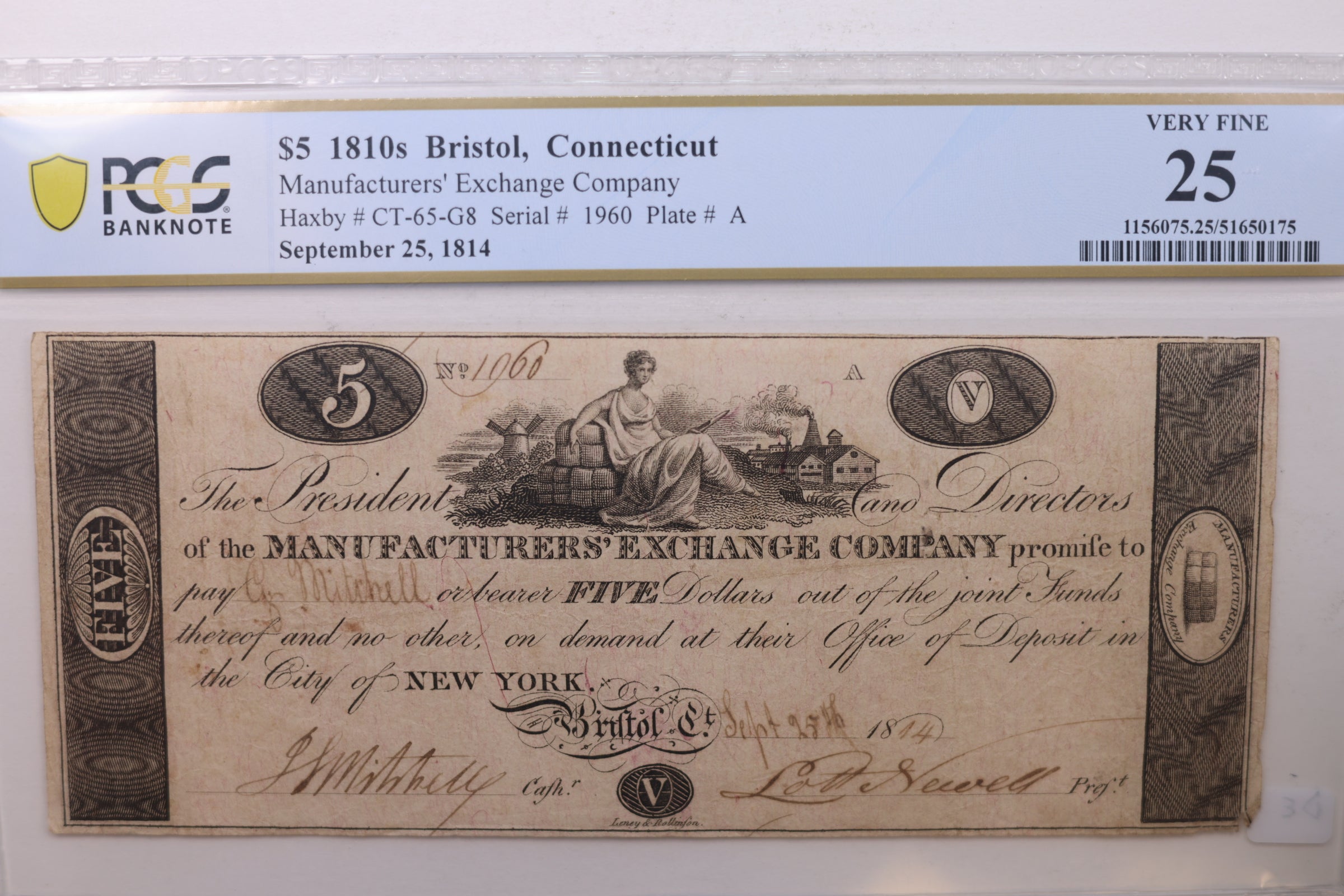 1814 $5, Bristol, Connecticut, Obsolete. Currency, PCGS VF-25., Store SALE #GCON002.