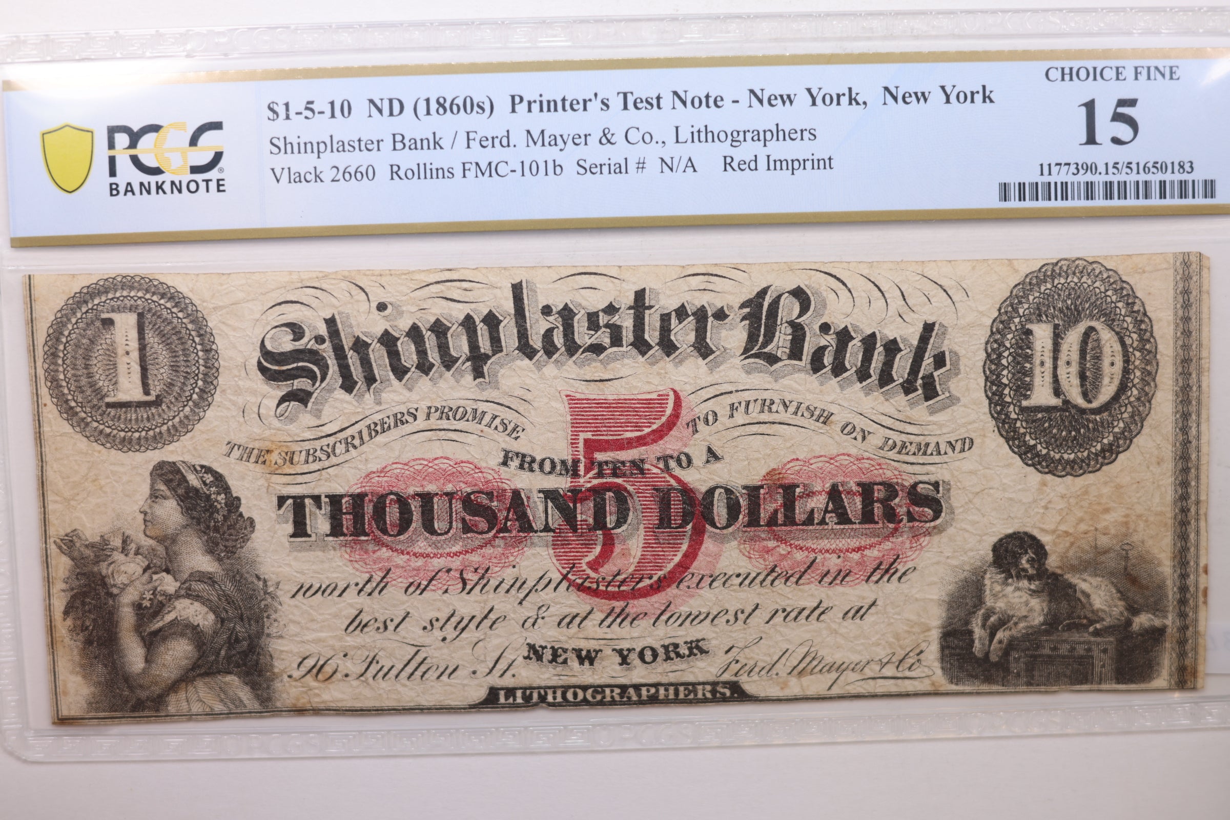 1860's $1, Printer's Test Note, New York, N.Y., PMG F-15, Obsolete Note. Store #GNY019.