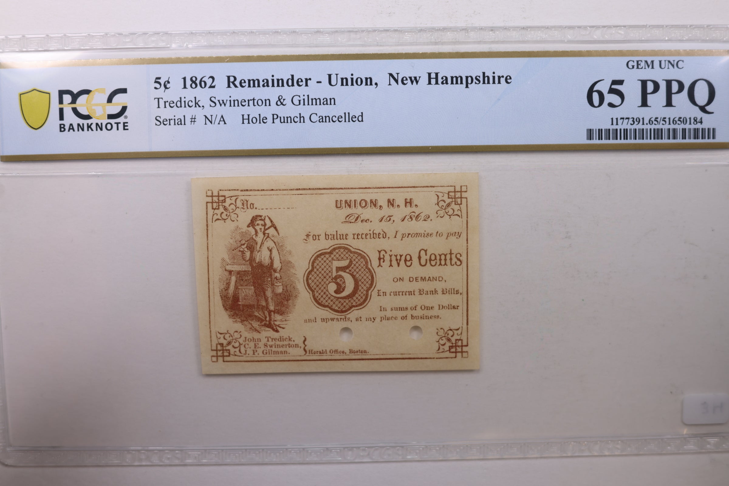 1862 5 Cents, Tredick, Swinerton & Gilman, New Hampshire., PCGS CU-65 PPQ., Store #GNH002.