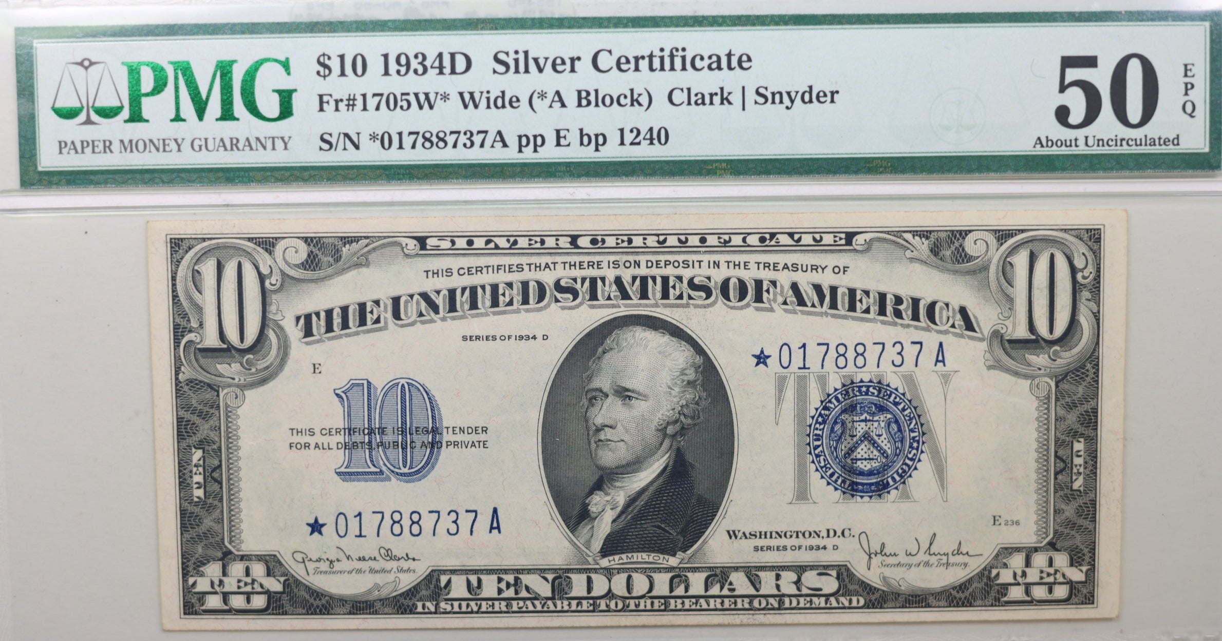 1934-D $10, Silver Certificate, FR #1705W*, Star Note., PMG AU-50, EPQ., Store #GSSC027.