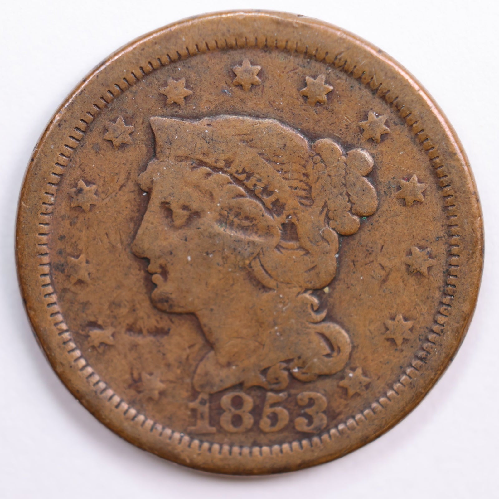 1853 Braided Hair Large Cent, Good+ Circulated Coin, Store #CT0549