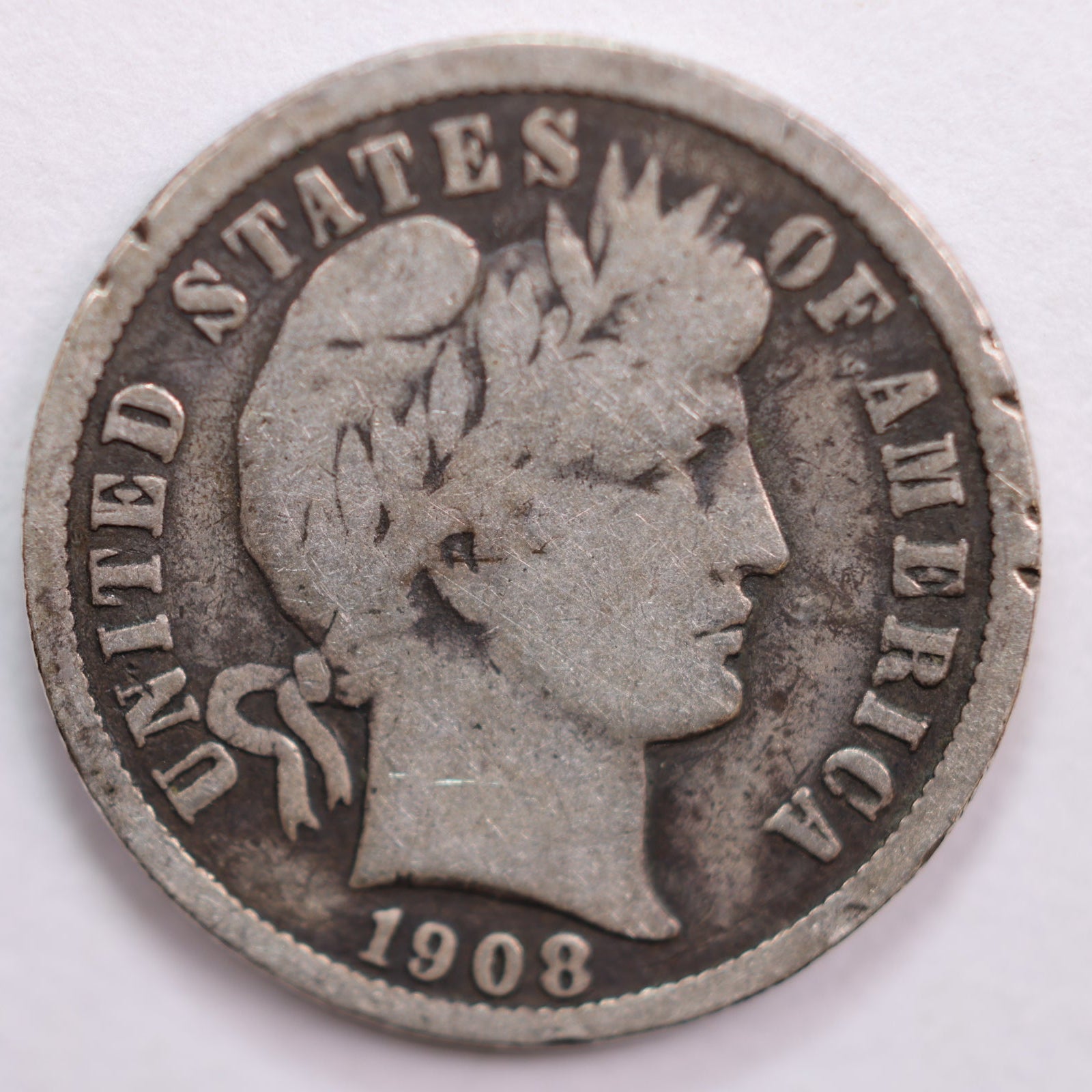 1908 Barber Silver Dime, Very Good Circulated Coin, Store #DE0525