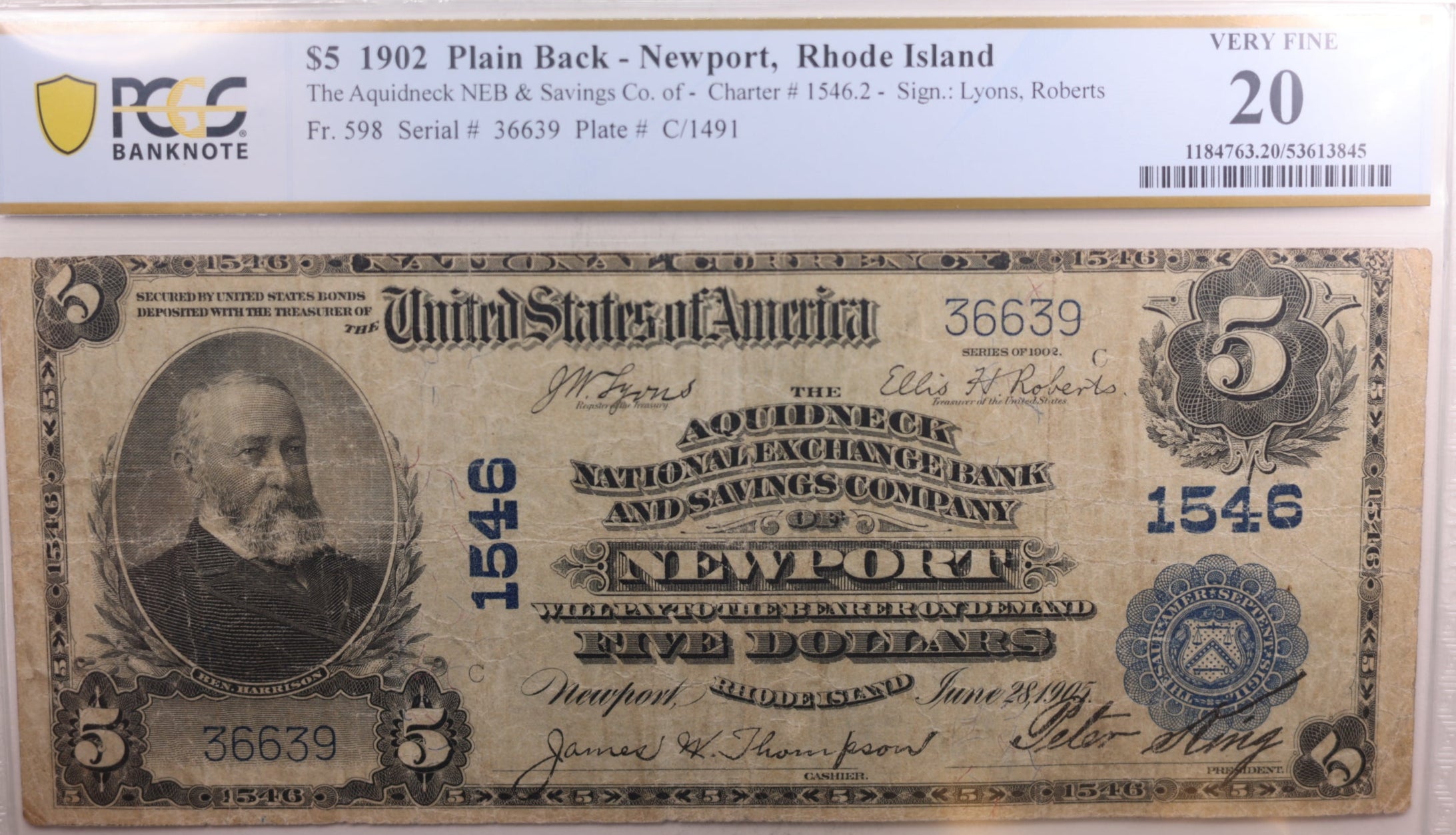 1902 $5, National Bank Note, Newport, R.I, Ch #1546, PCGS VF-20. Store #NBN010.