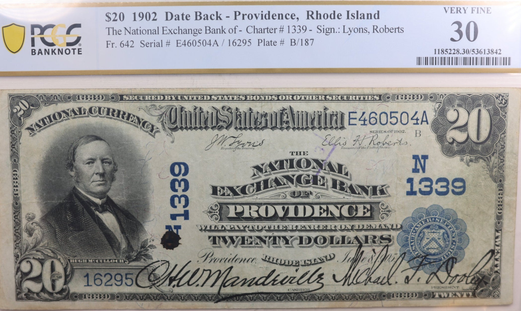 1902 $20, National Currency, Providence, R.I., Ch #1339, PCGS VF-30. Store #NBN013.