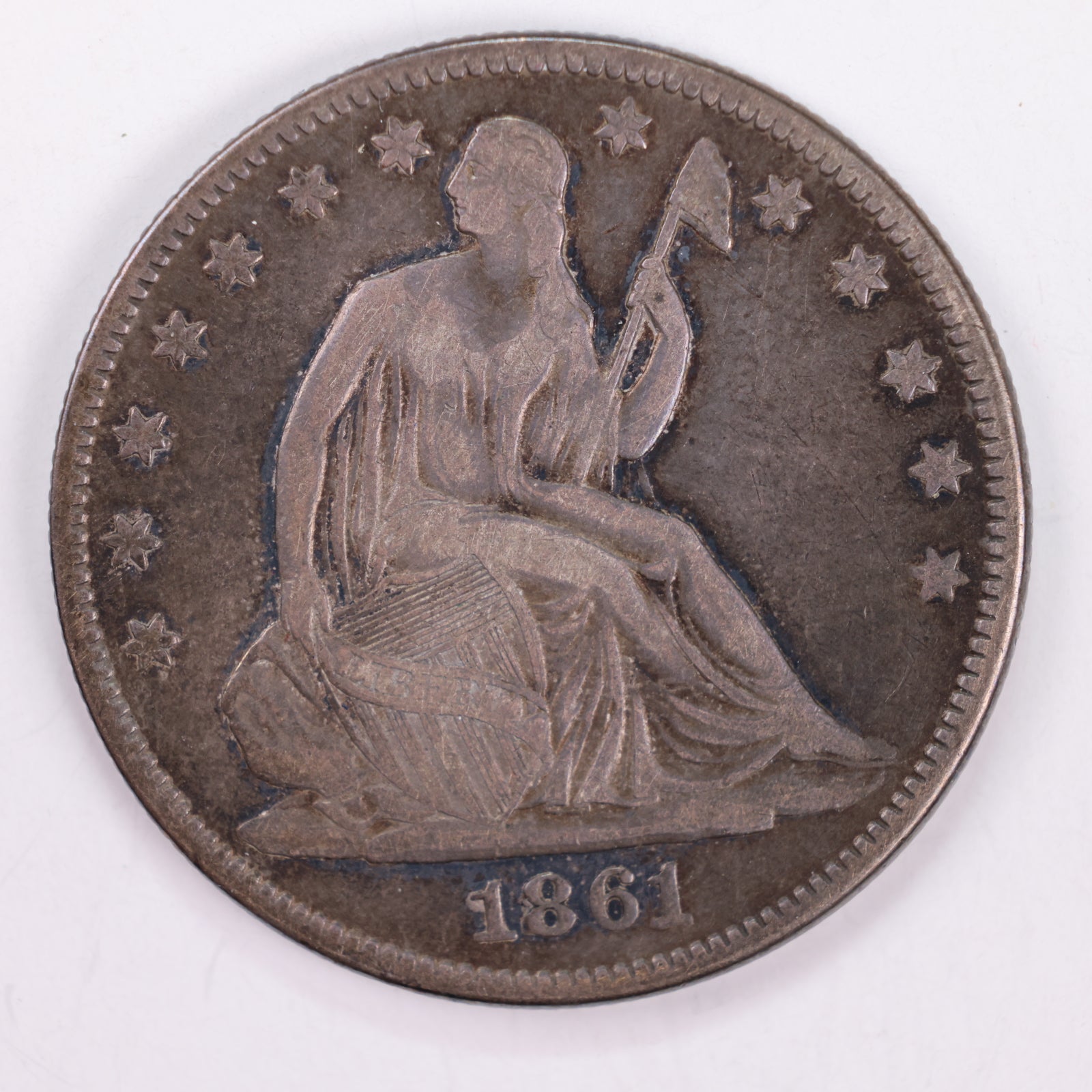 1861 Seated Liberty Silver Half Dollar, Very Fine Circulated Coin, Store #HR100