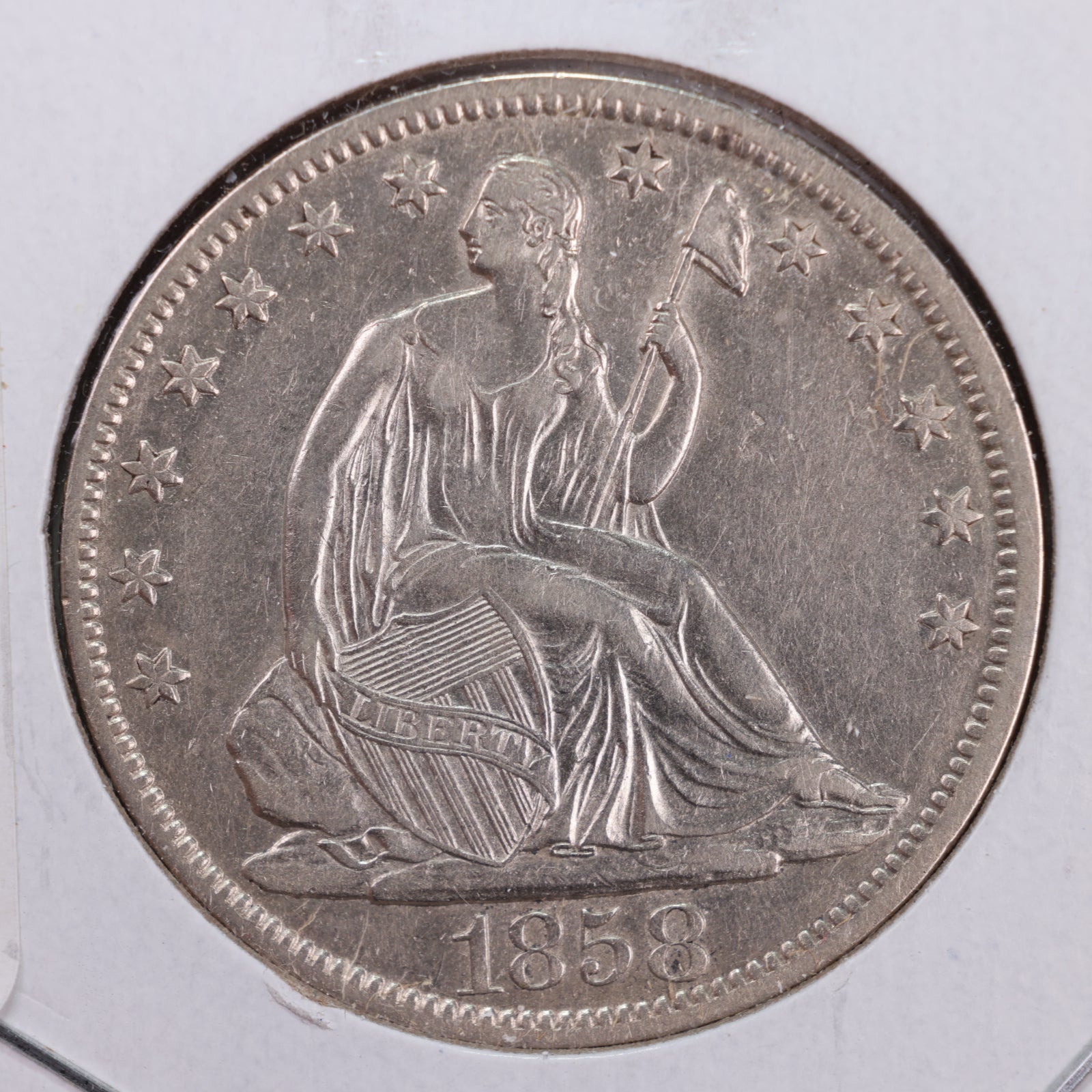 1858-O Seated Liberty Silver Half Dollar, About Uncirculated Coin, Store #HR103