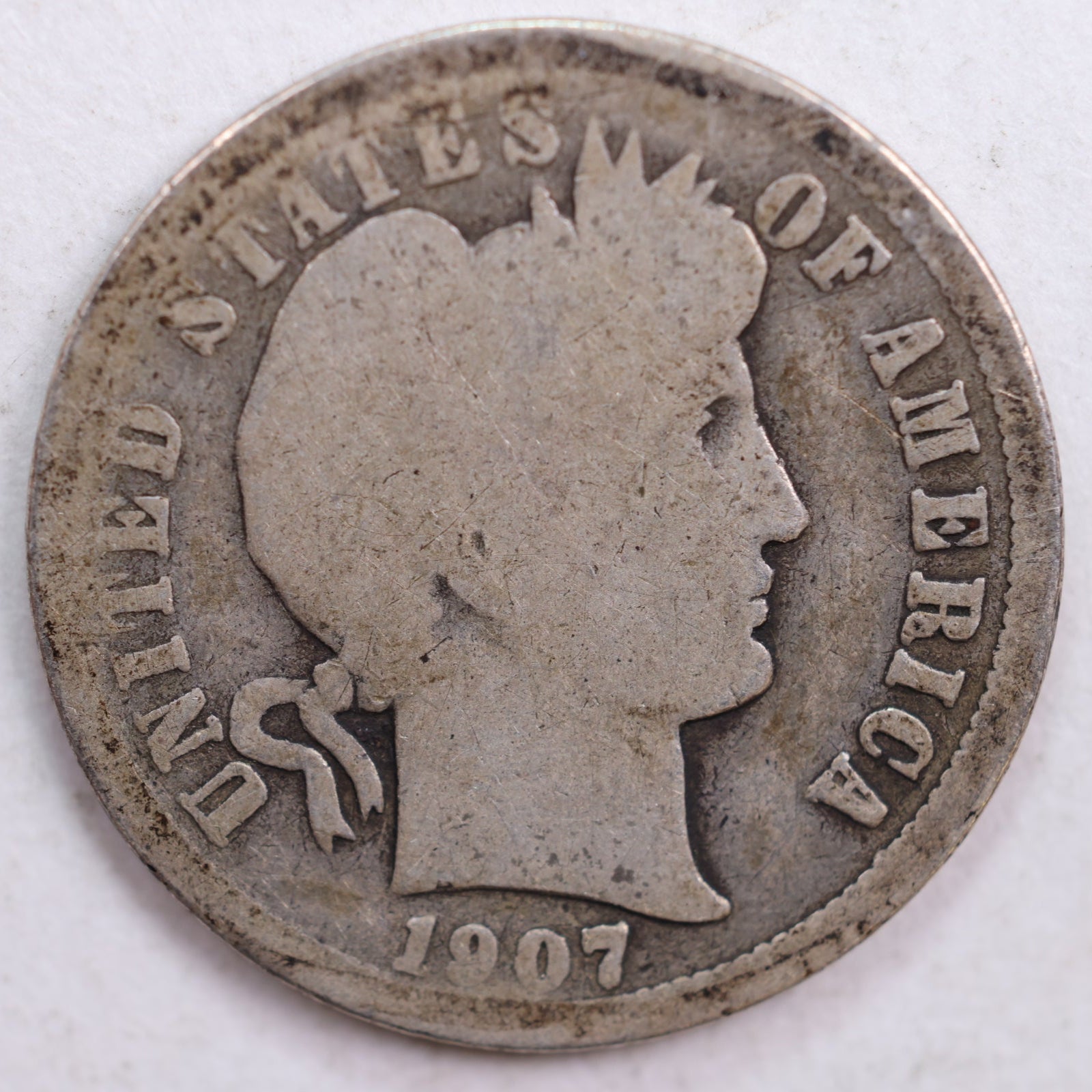 1907-S Barber Dime, About Good Circulated Coin, Store #DE0450