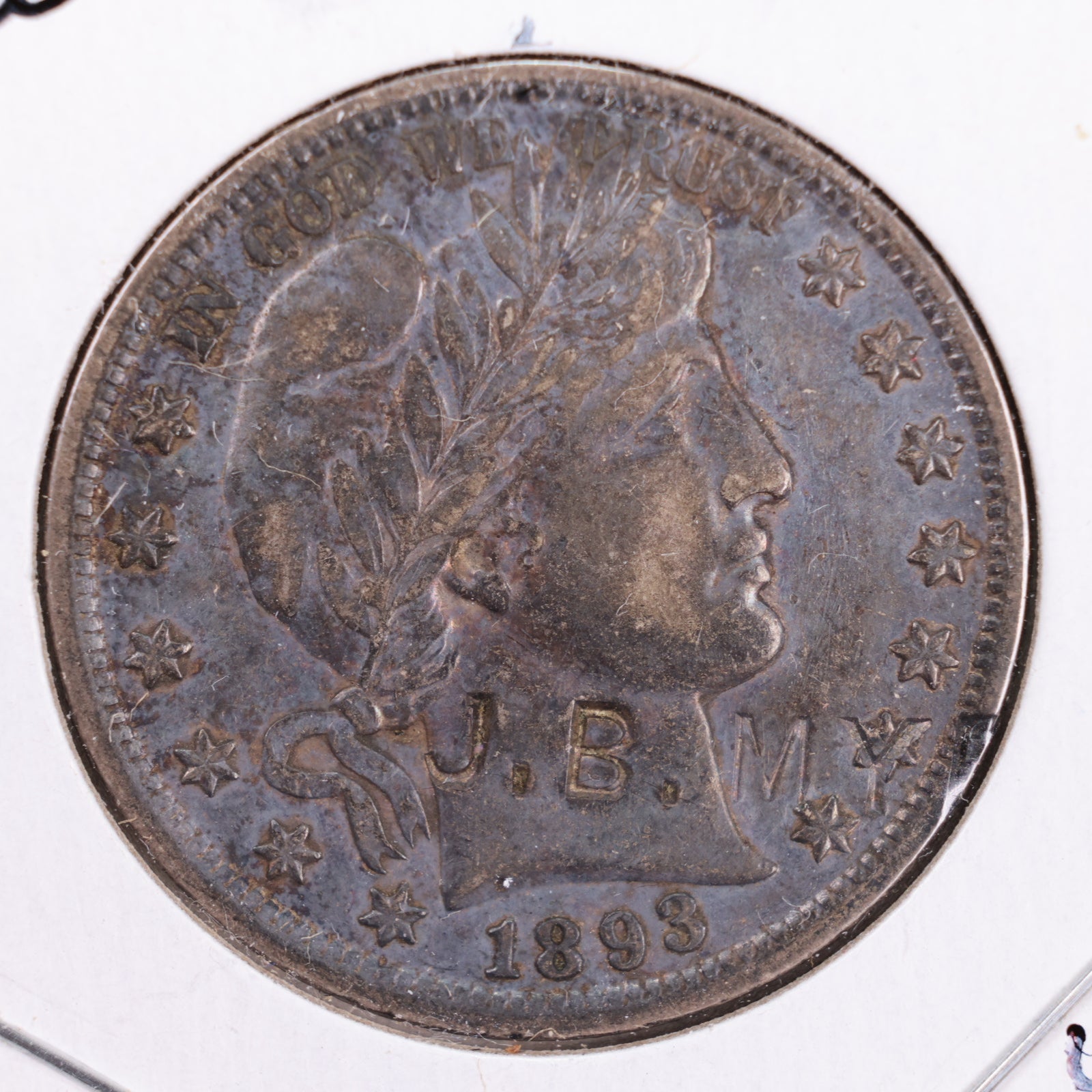 1893 Barber Silver Half Dollar, Counter Stamped "J.B. M Y AU Circulated Coin, Store #HR126