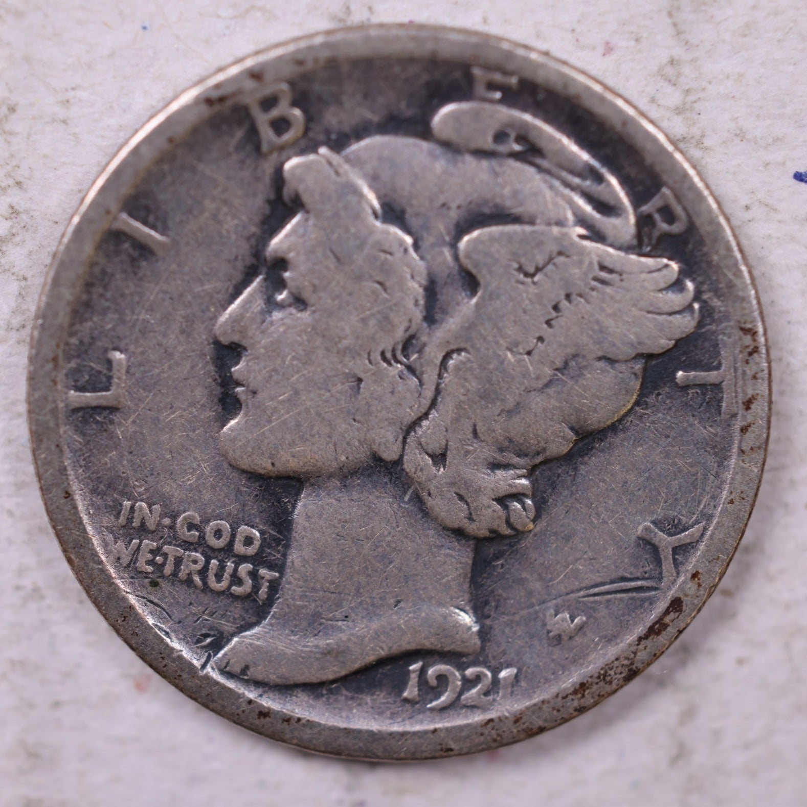 1921-D Mercury Silver Dime., Very Good., Store #19828