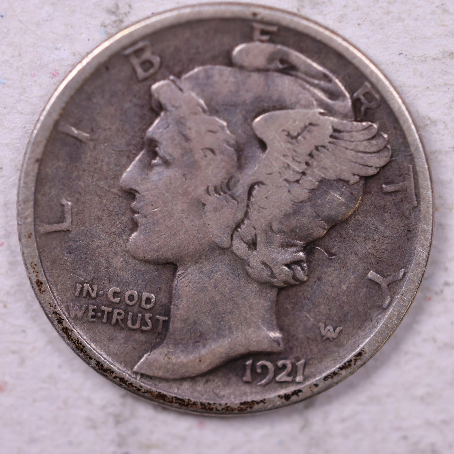 1921-D Mercury Silver Dime., Fine., Store #19832