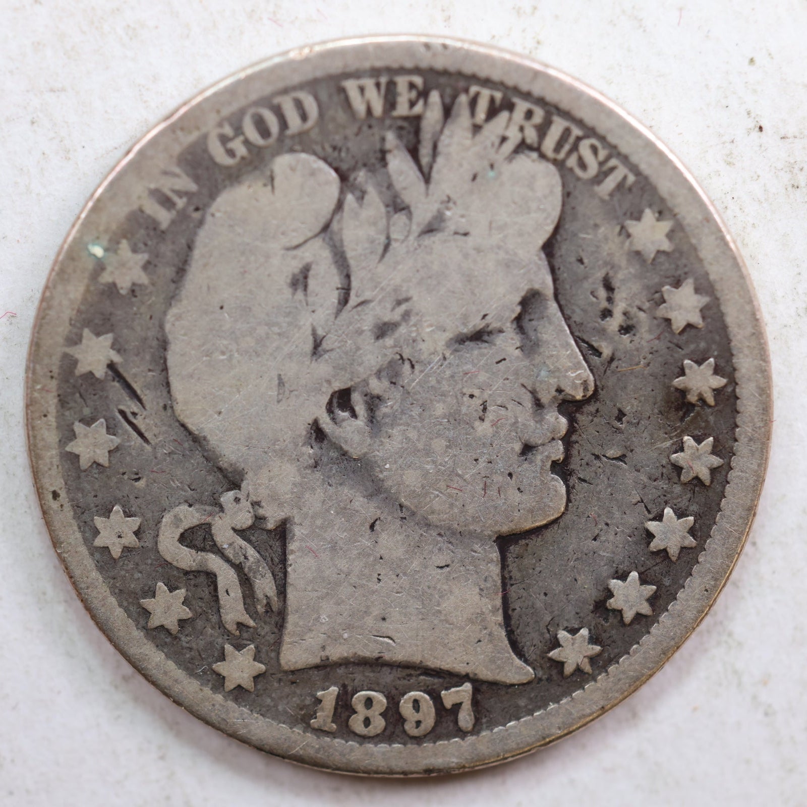 1897-O Barber Silver Half Dollar, Good Circulated Coin, details, Store #HR0779