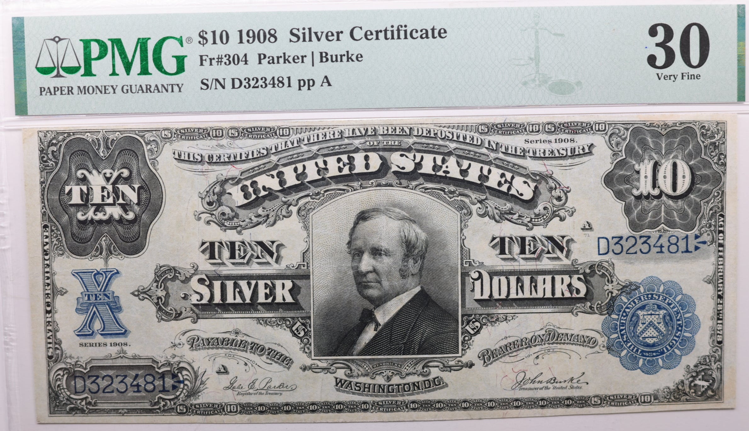 1908 $10., Silver Certificate., "TOMB-STONE"., PMG VF-30., GLSC003