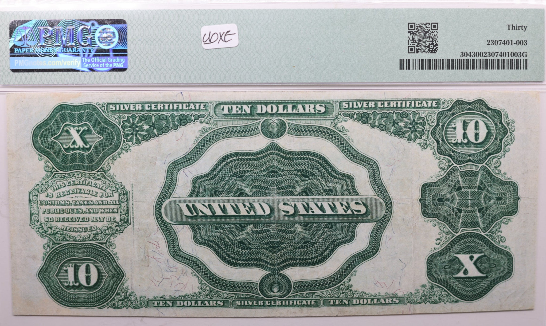 1908 $10., Silver Certificate., "TOMB-STONE"., PMG VF-30., GLSC003