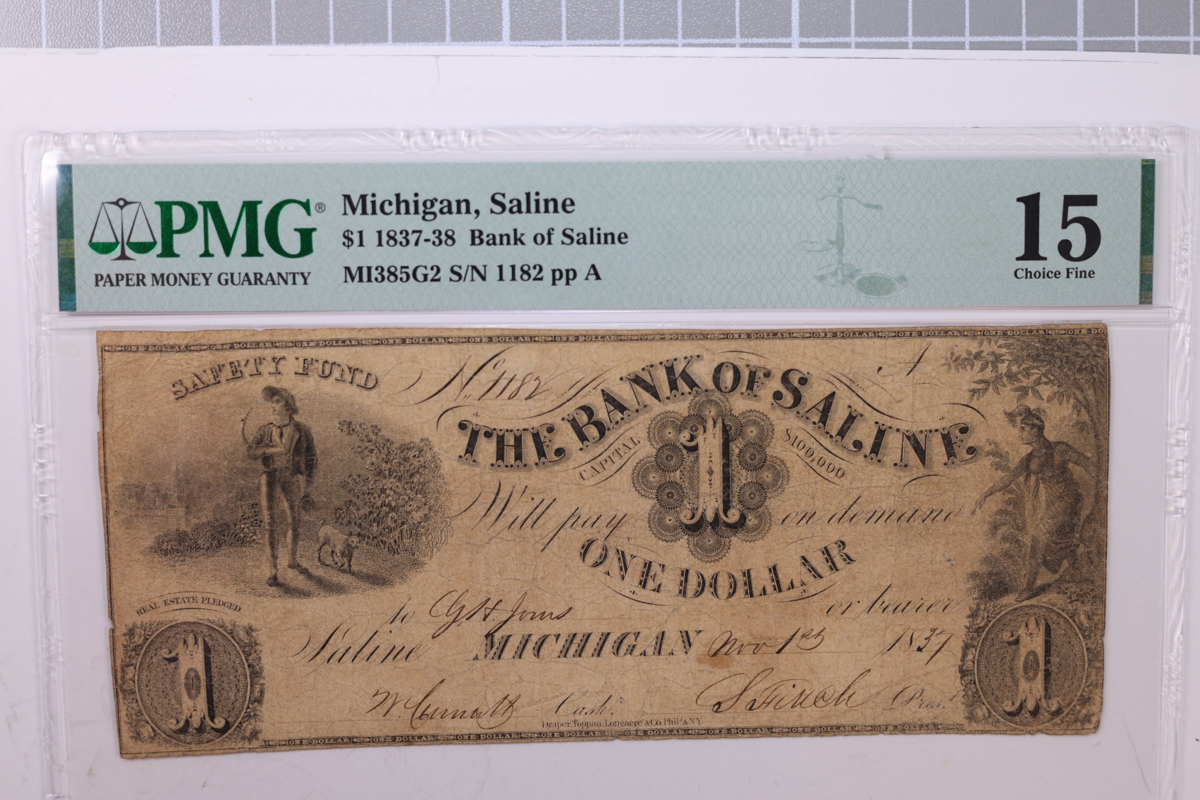 1837 $1., Obsolete Currency., Saline, MI., PMG Graded F-15., Store #GMI004