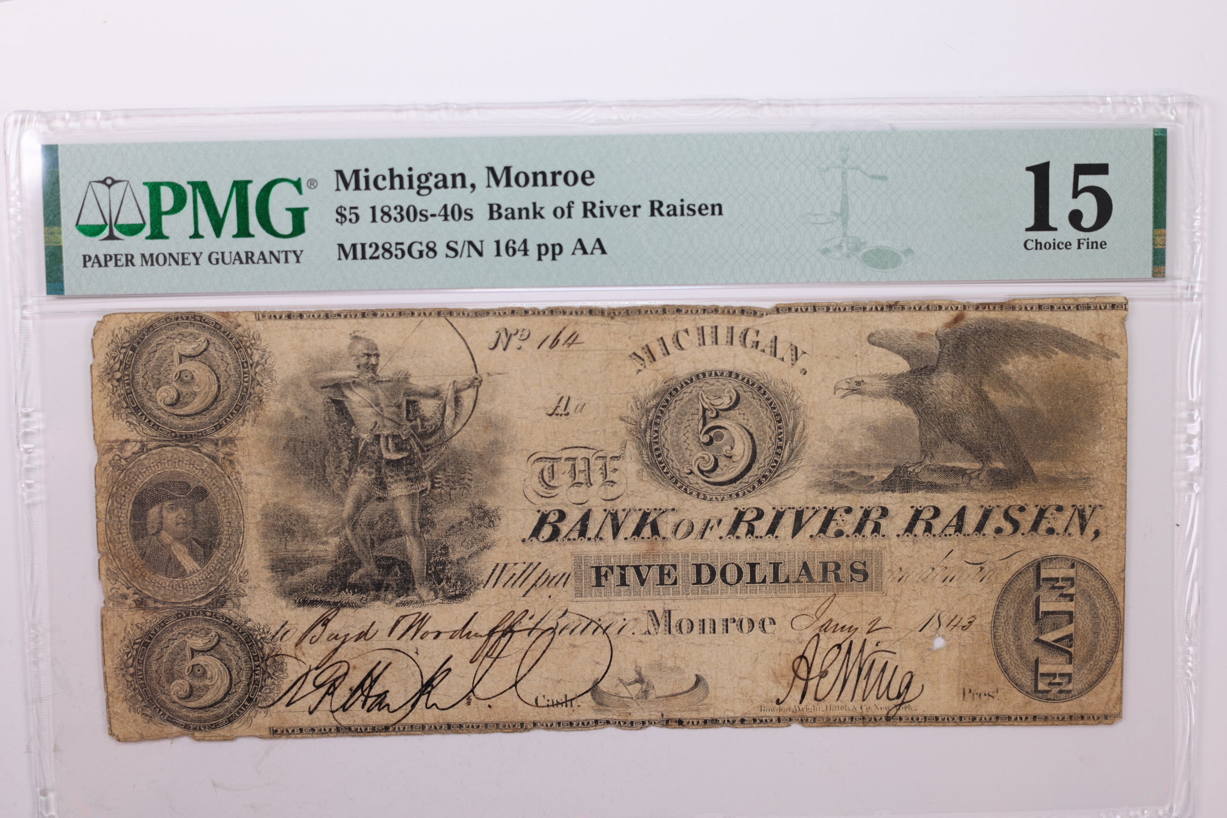 1843 $5., Obsolete Currency., Monroe, MI., PMG Graded F15., Store #GMI012