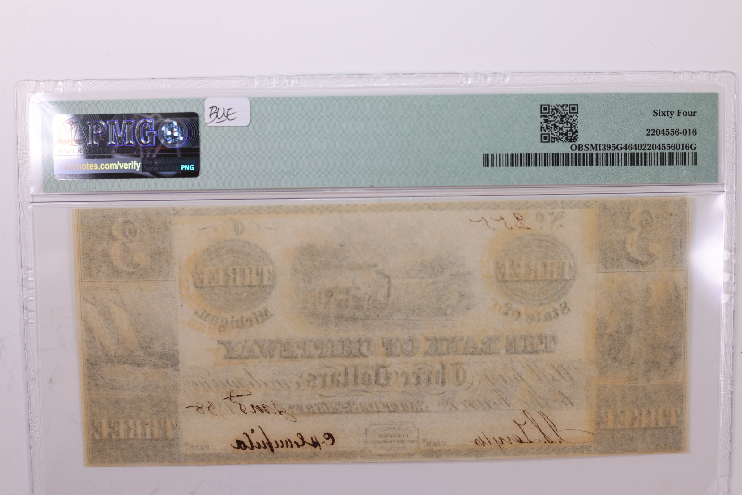 1838 $3., Obsolete Currency., Sault de St Mary's., PMG CU64., Store #GMI028