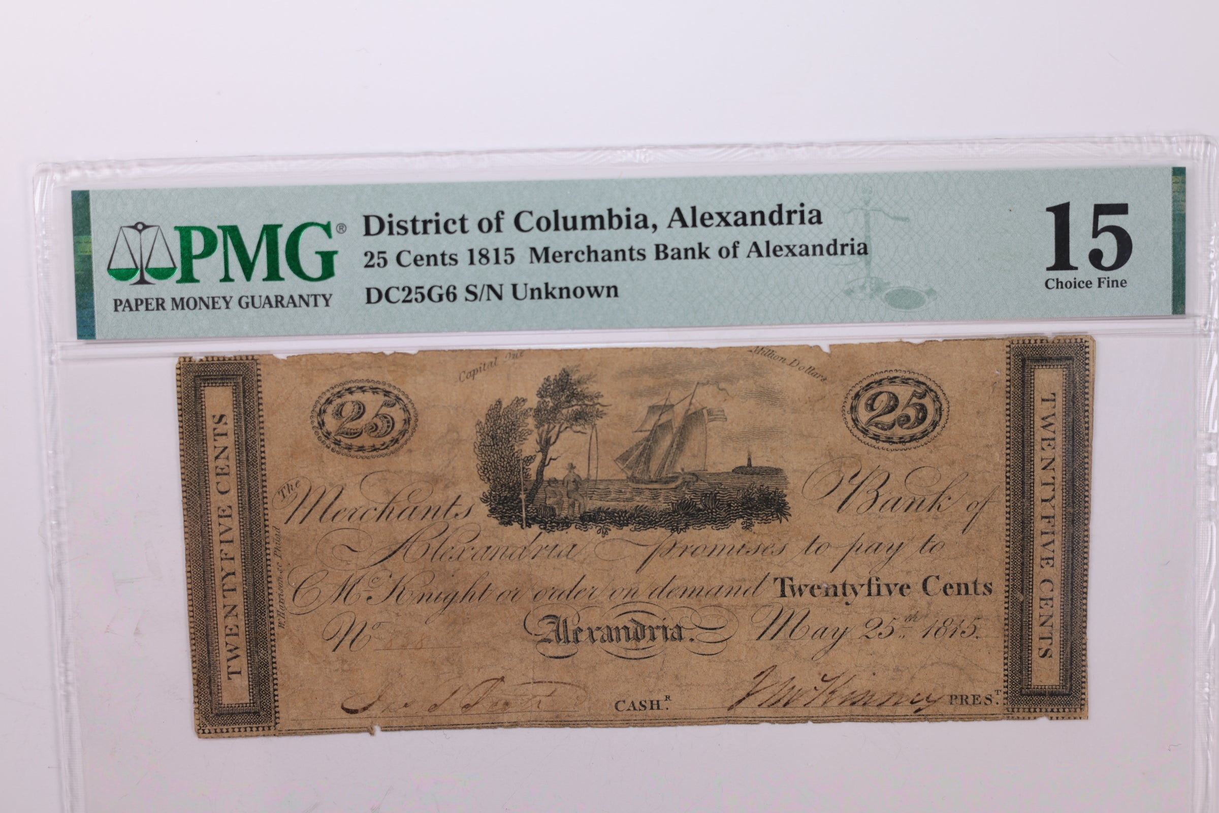 1815 25 Cent., Obsolete Currency., Alexandria, D.C., PMG F-15., Store #GDC002