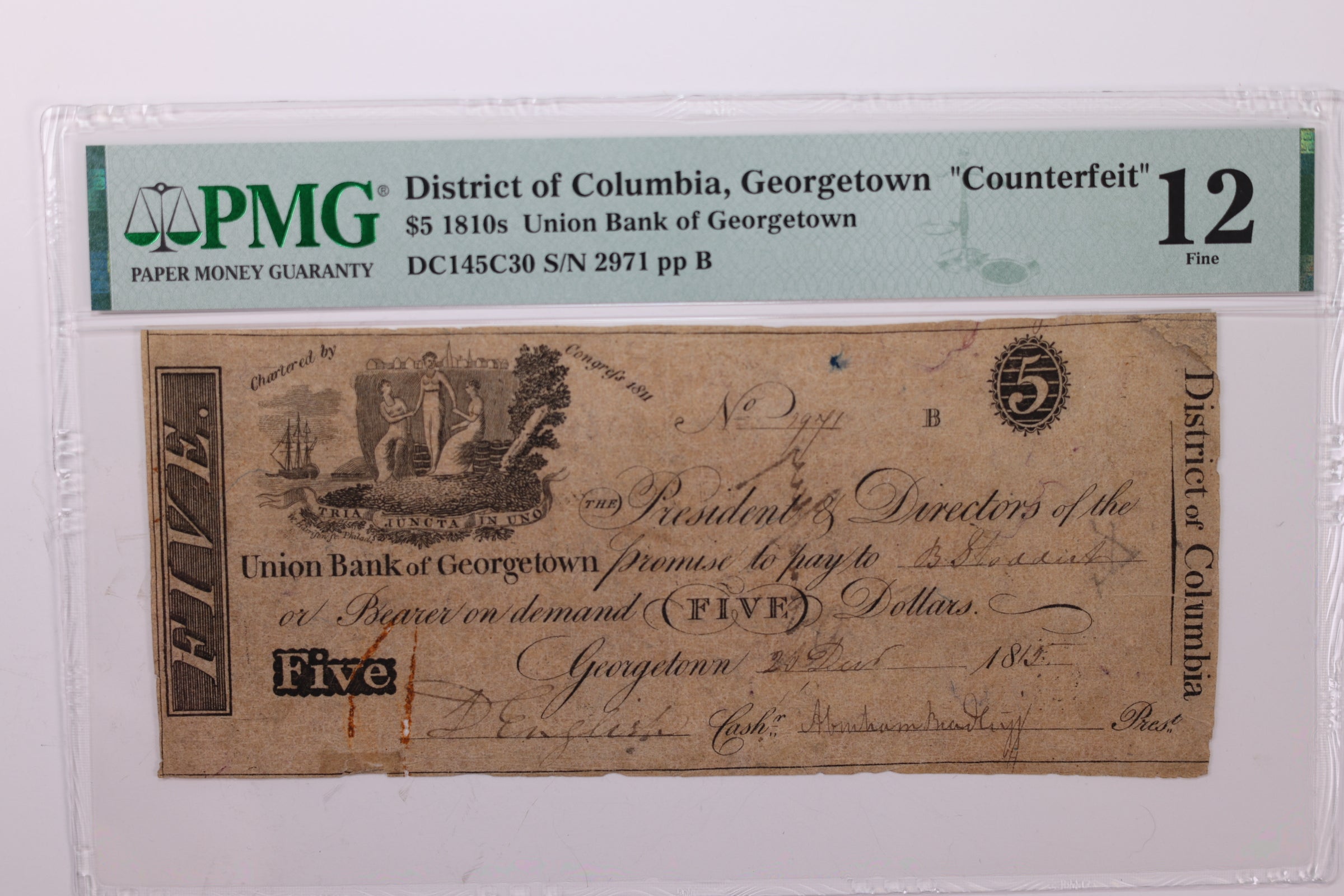 1815 $5., Obsolete Currency., Alexandria, D.C., "COUNTERFEIT"., PMG F12., Store #GDC005