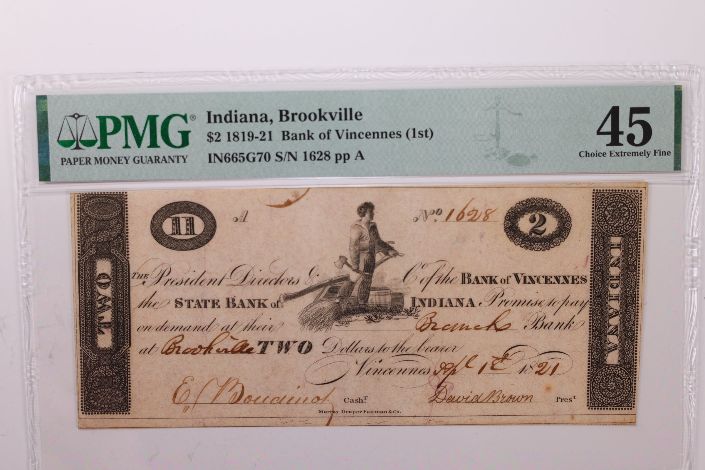 1821 $2., Obsolete Currency., Brookville, IN., PMG XF-45., Store #GIN003