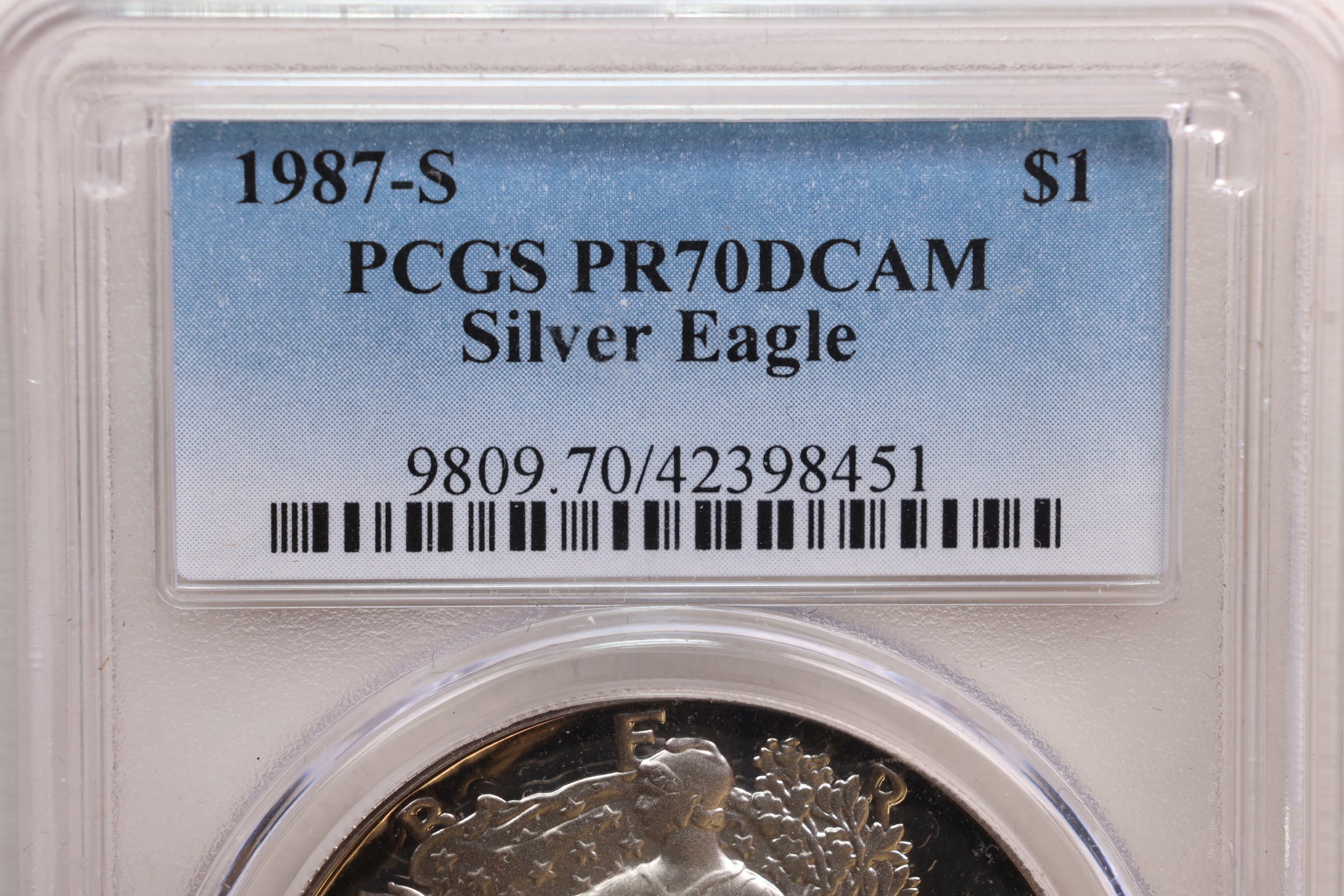 1987-S American Silver Eagle, Proof Strike, PCGS PR-70, Store #AE0207.