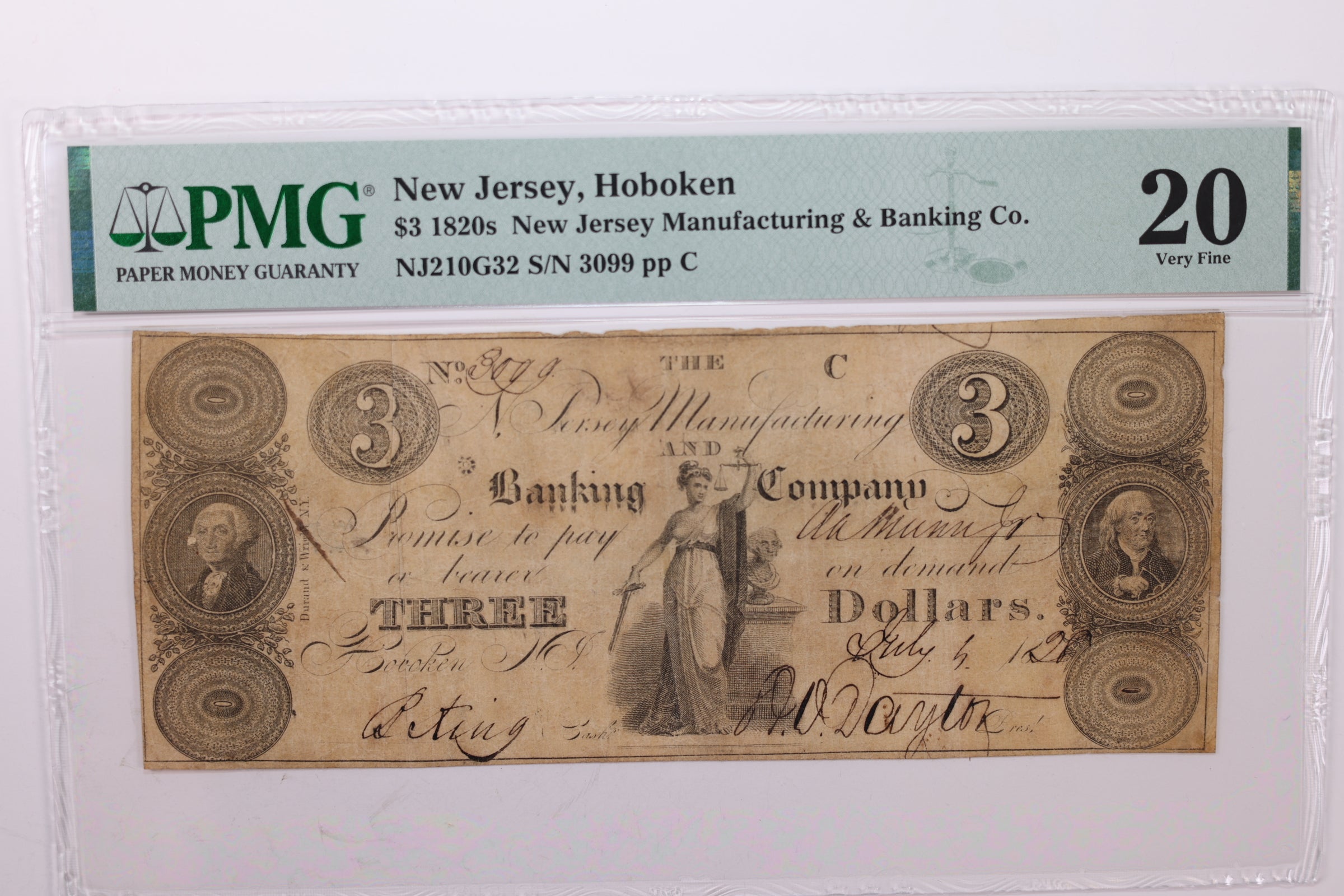 1828 $3., Obsolete Currency., Hoboken, N.J., PMG VF-20., Store #GNJ005