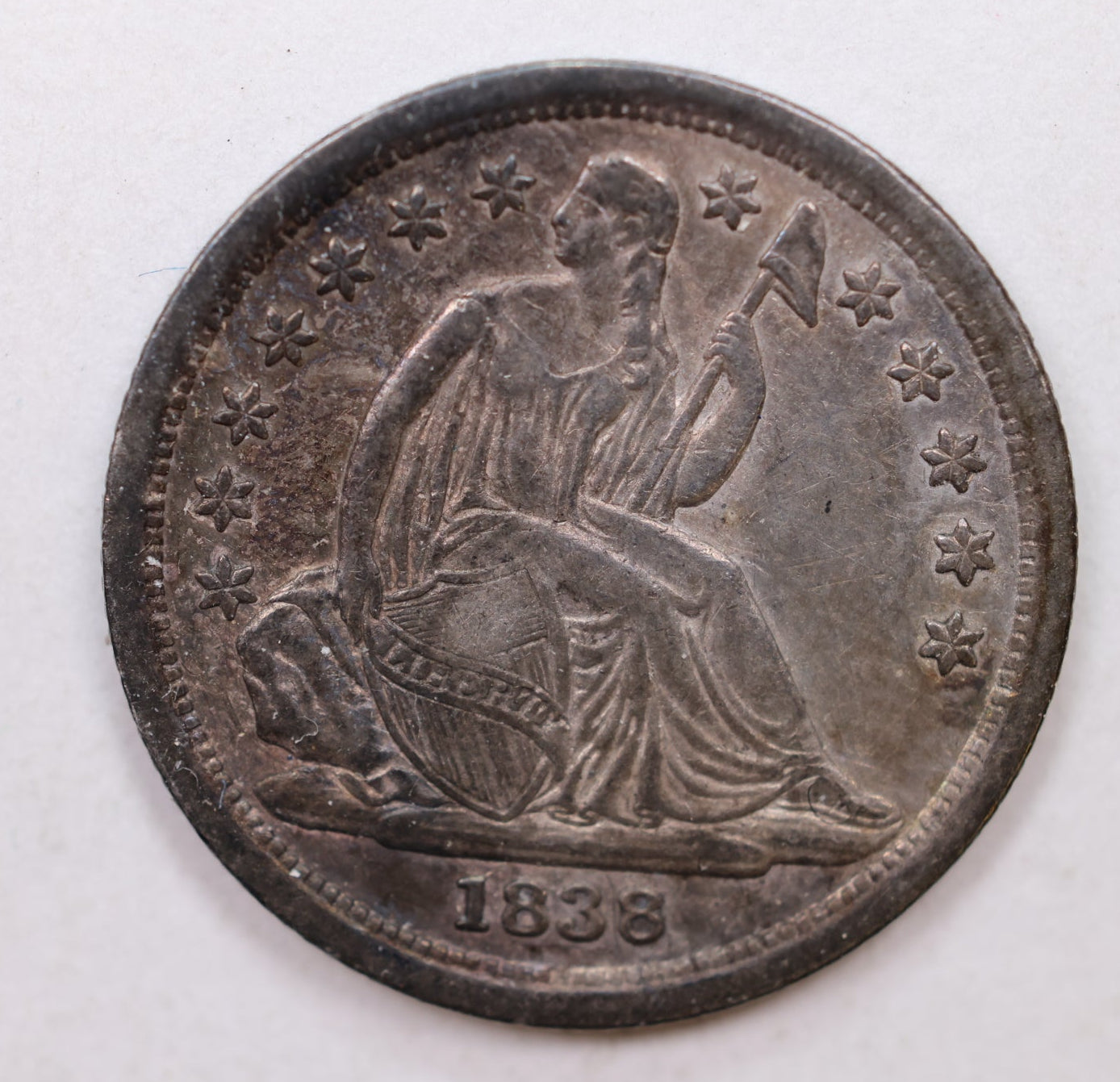 1838 Seated Liberty Dime, Large Stars, Circulated Coin, Store Sale #DE671.