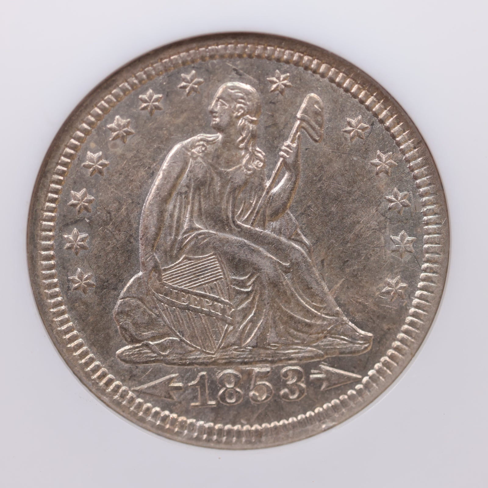 1853/4 Seated Liberty Quarter, 'Repunched Date', NGC AU58, Store Sale #GQR013.