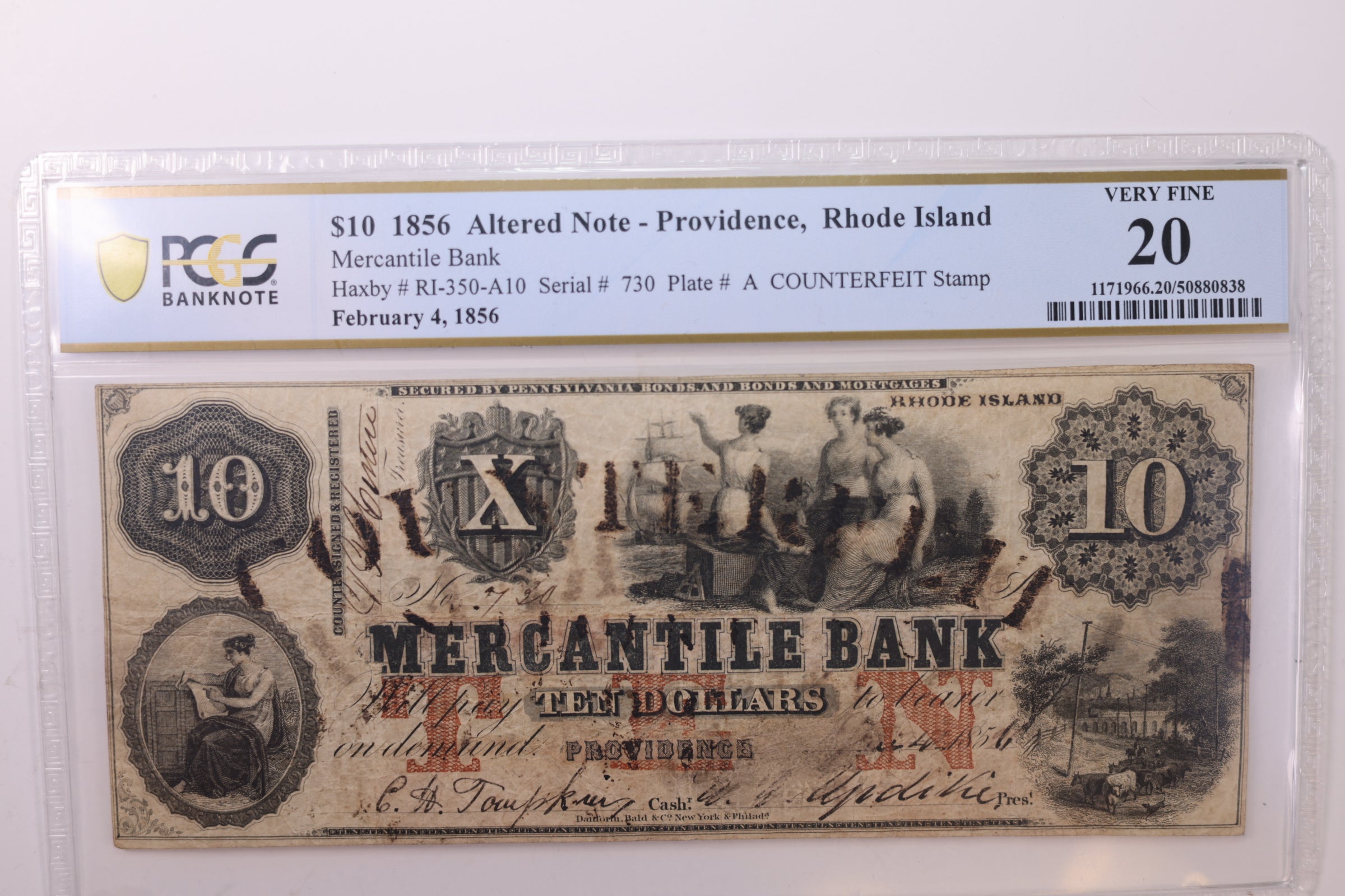 1856 $10., Obsolete Bank Note., Providence, R.I., PCGS VF-20., "Counterfeit"., Store #GRI001