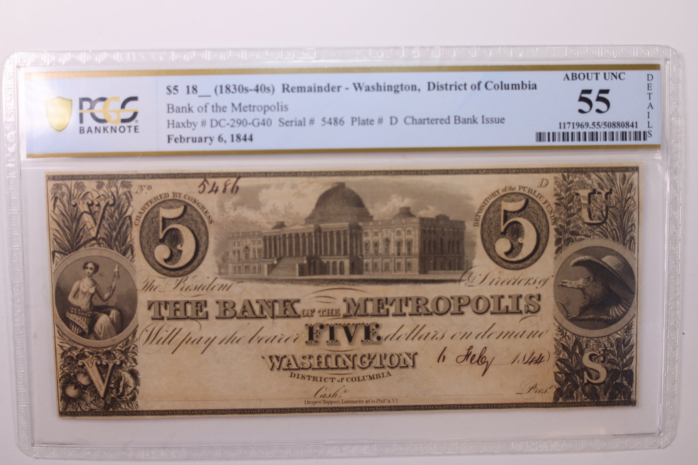 18__ $5., Washington D.C., Obsolete Currency., Remainder., PCGS AU55., Store #GDC008