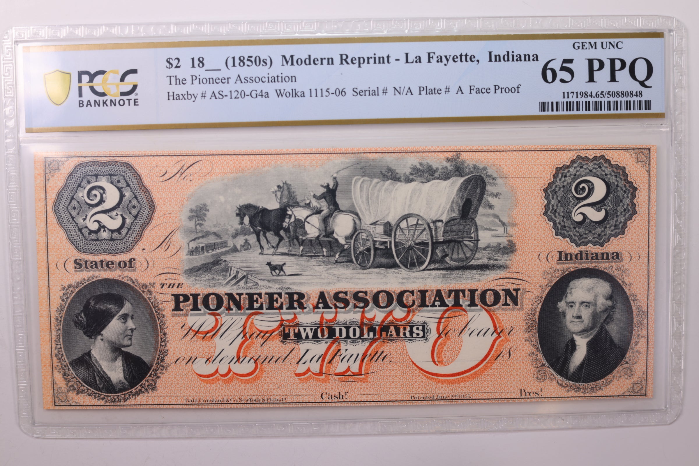 18__ $2, LA FAYETTE, IN., Reprint., Obsolete Currency., PCGS CU65, PPQ., STORE #GIN004