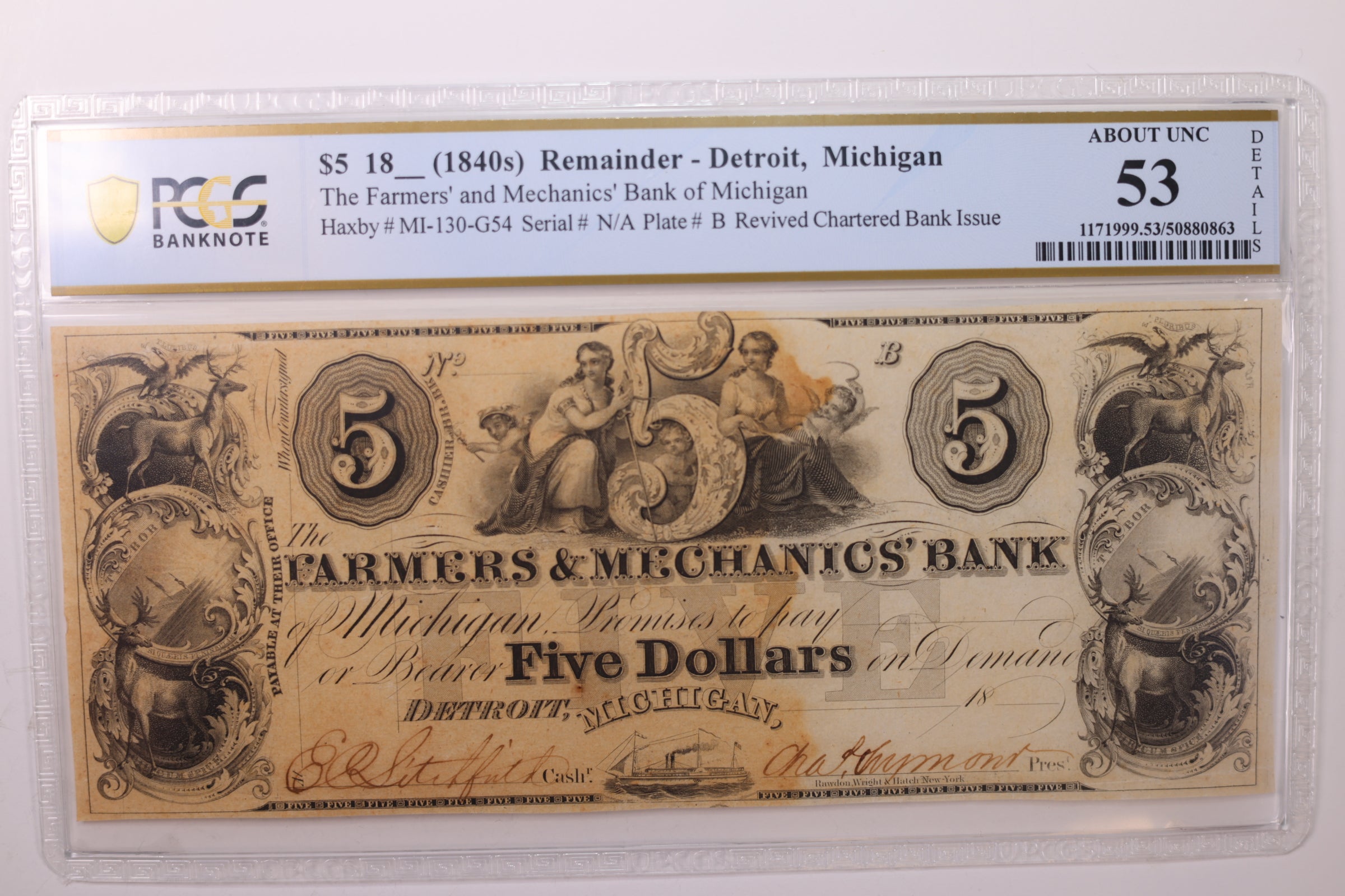 18__ $5., Remainder, Detroit, MI., Obsolete Currency., PCGS AU-53., STORE #GMI042