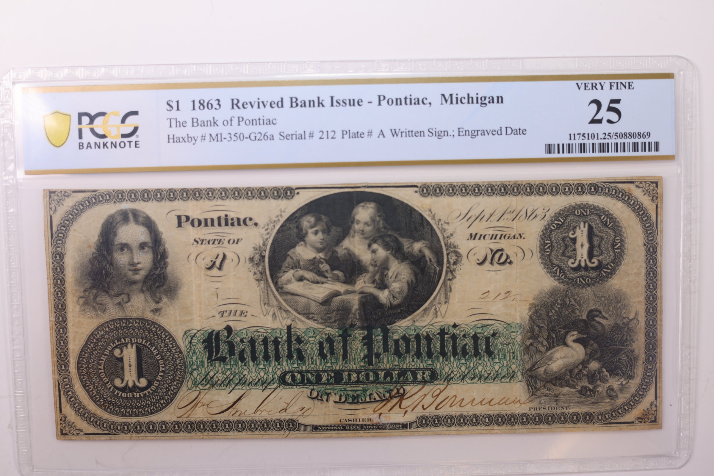 1863 $1., Pontiac, MI., Obsolete Currency., PCGS VF-25., STORE #GMI048