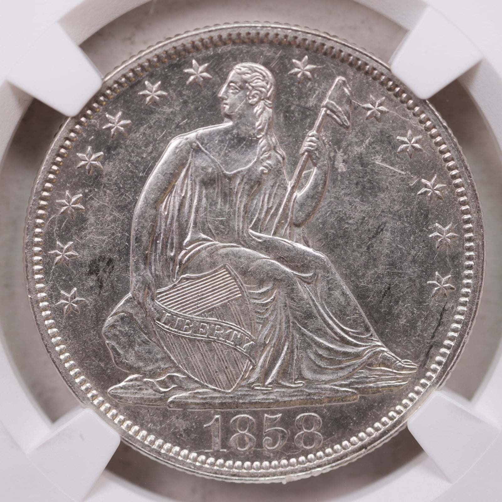 1858 Seated Liberty Half Dollar, Nice Eye Appeal Coin, NGC AU-55. Store #GHR111.