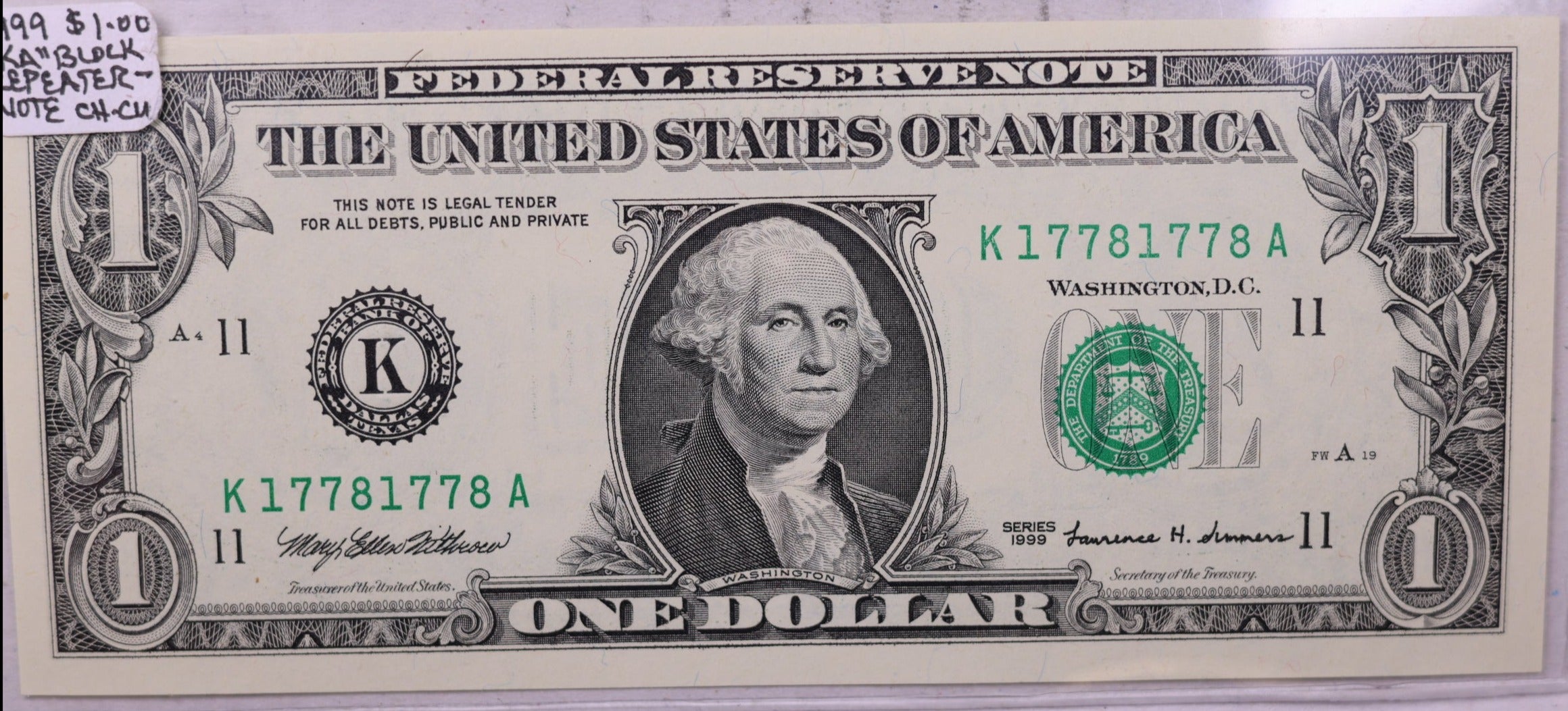 1999., $1., F.R.N., Repeater Serial Nr., Crisp Uncirculated., Store #0725