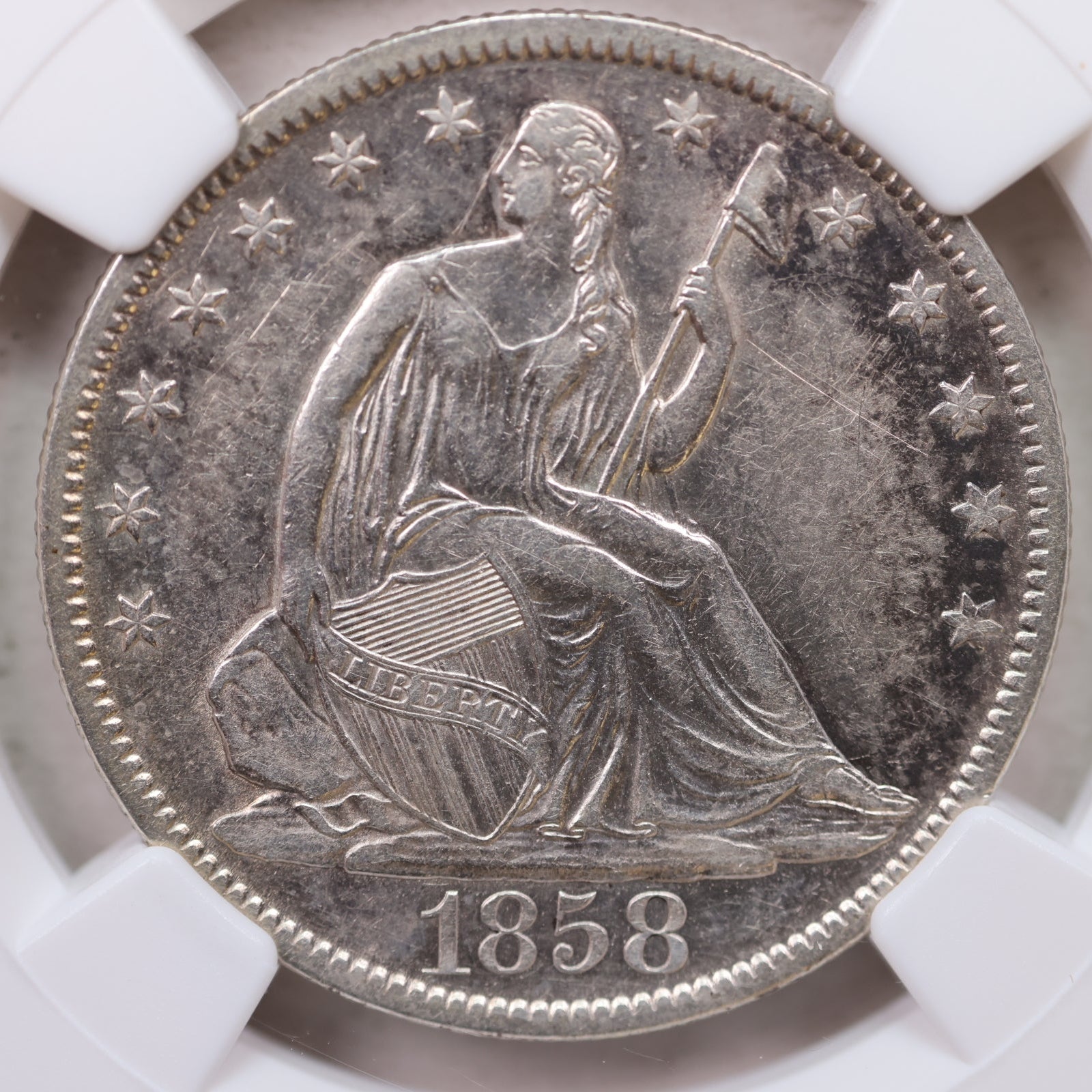 1858-O Seated Liberty Half Dollar, Nice Eye Appeal Coin, NGC AU-55. Store #GHR112.