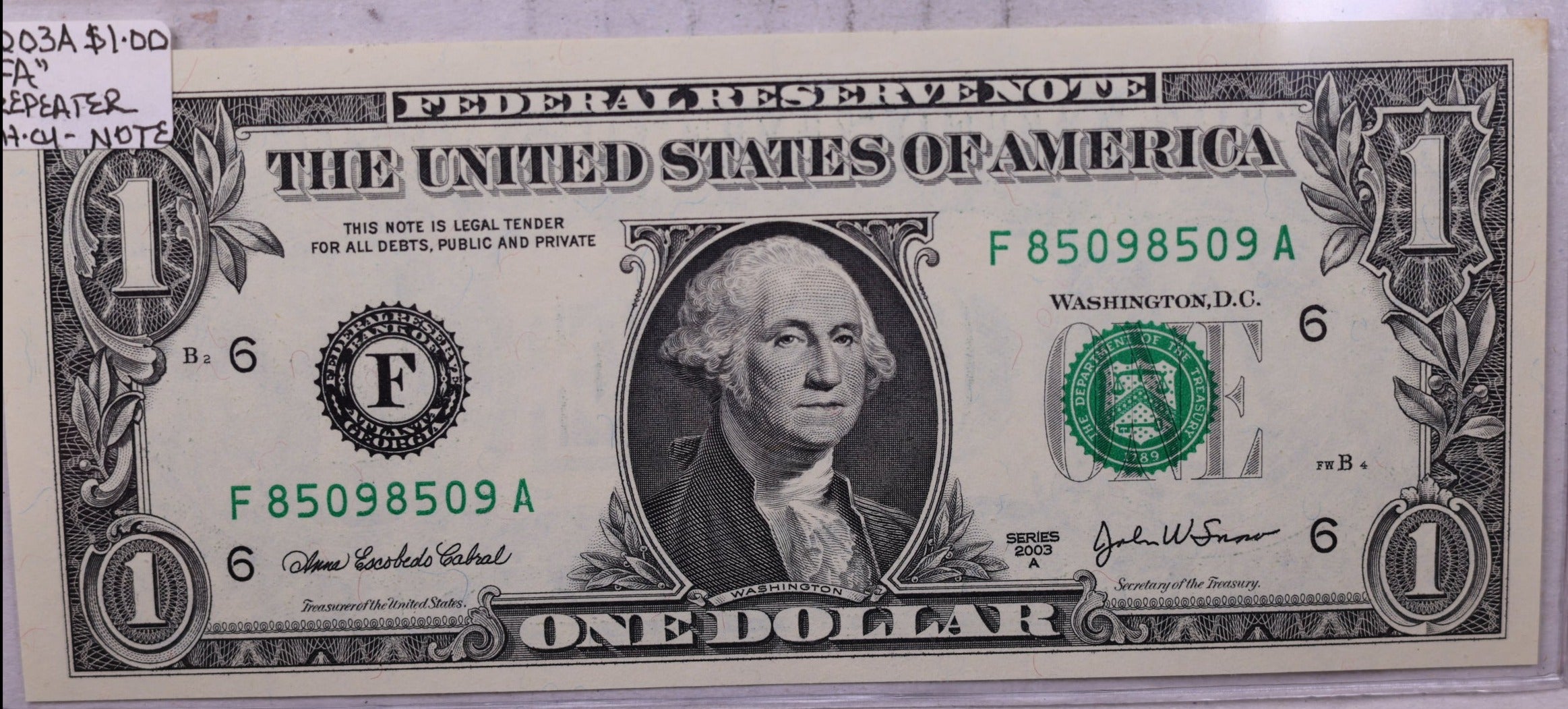 2003 A, $1., F.R.N., Repeater Serial Nr., Crisp Uncirculated., Store #0728