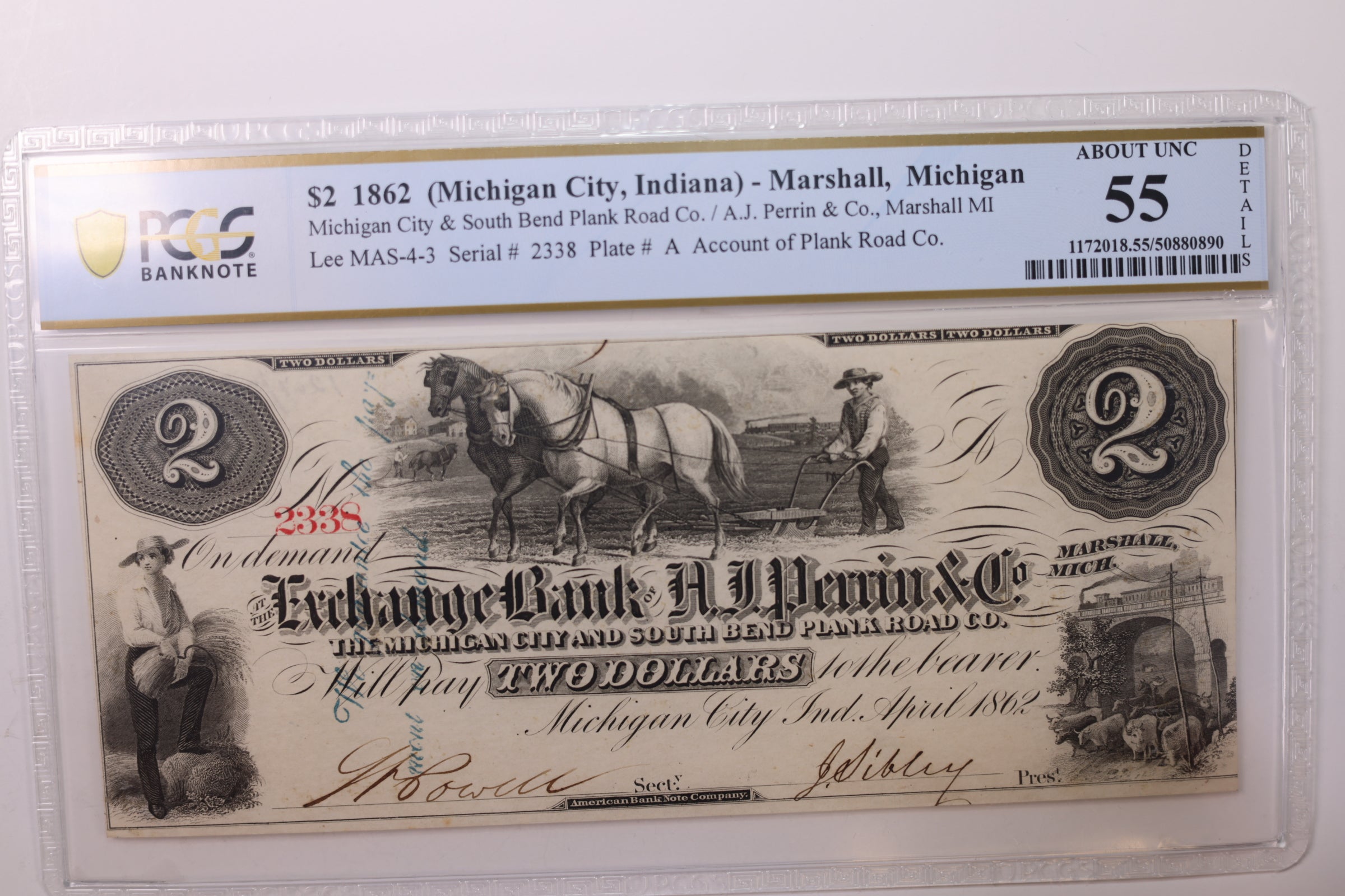 1862 $2., Marshall, MI., (MICH City, IN)., Obsolete Currency., PCGS AU-55., STORE #GMI067