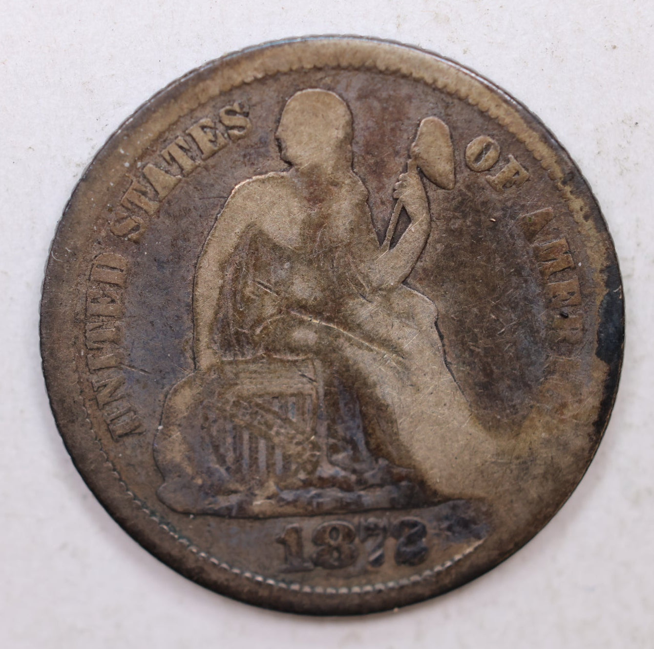 1872-CC Seated Liberty Dime, Collectible Circulated Coin, Store Sale #DE740.