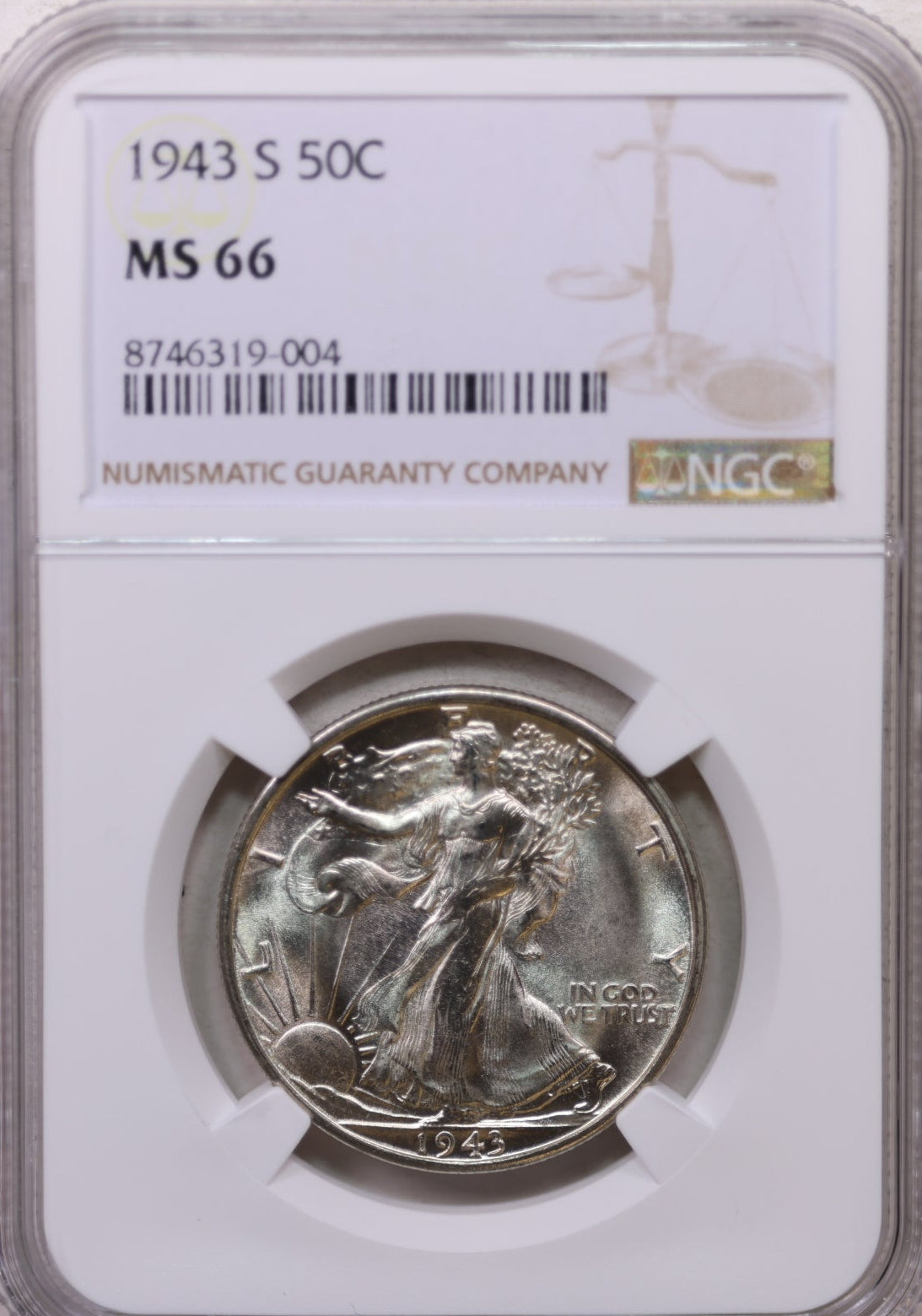 1943-S Walking Liberty Silver Half Dollar, Mint State, NGC MS-66. Store #GHR124.