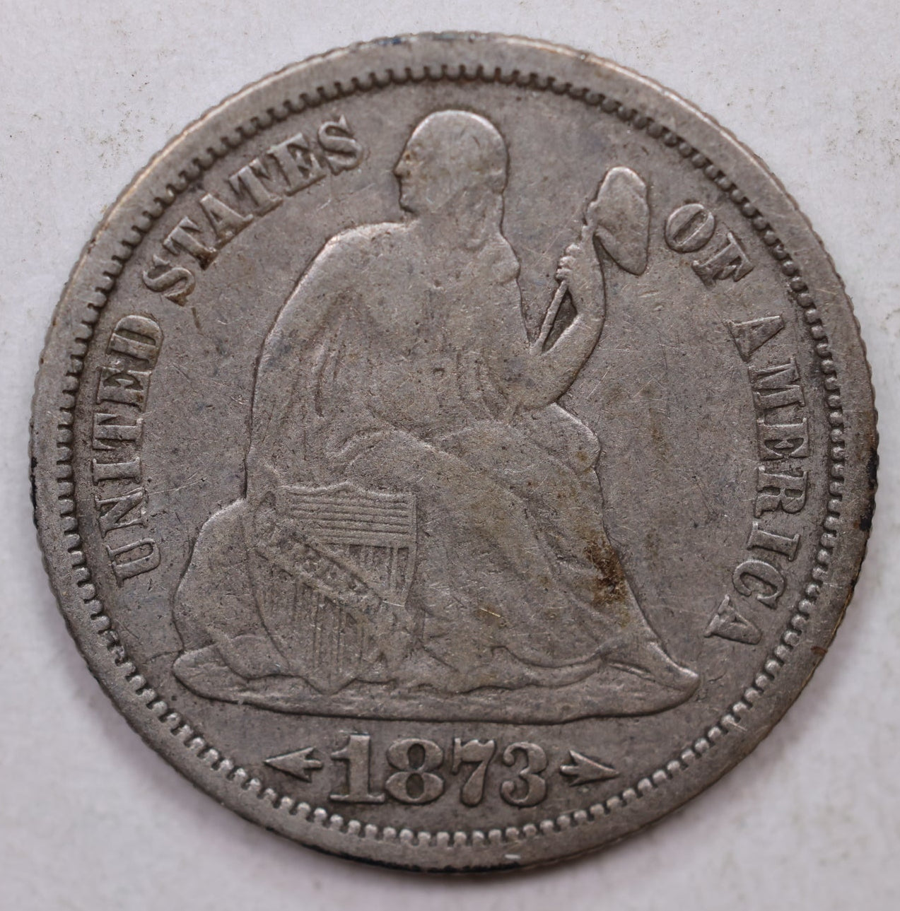 1873 Seated Liberty Dime, With Arrows, Circulated Coin, Store Sale #DE744.