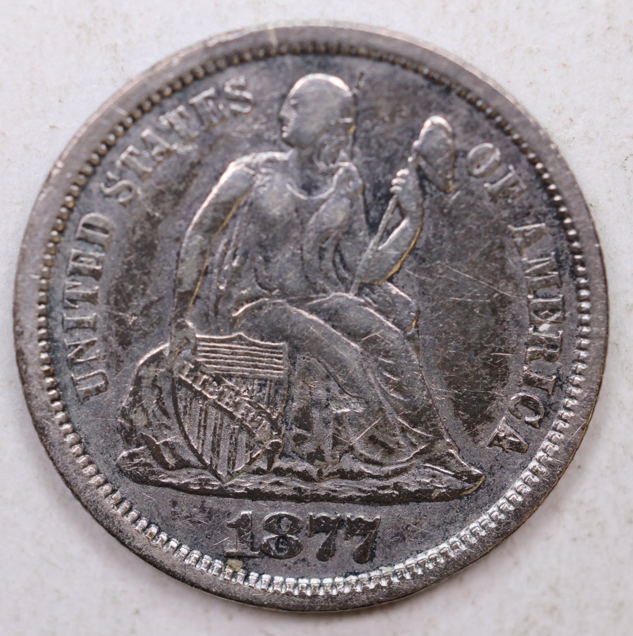 1877-CC Seated Liberty Dime, Collector Circulated Coin, Store Sale #DE758.