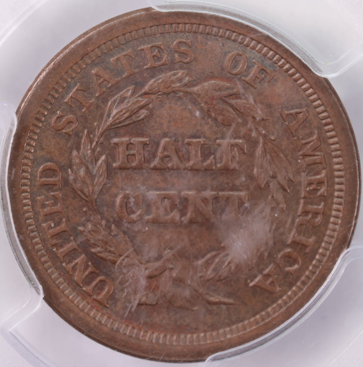1851 HALF CENT., PCGS MS-63, BROWN., STORE SALE #GHC001