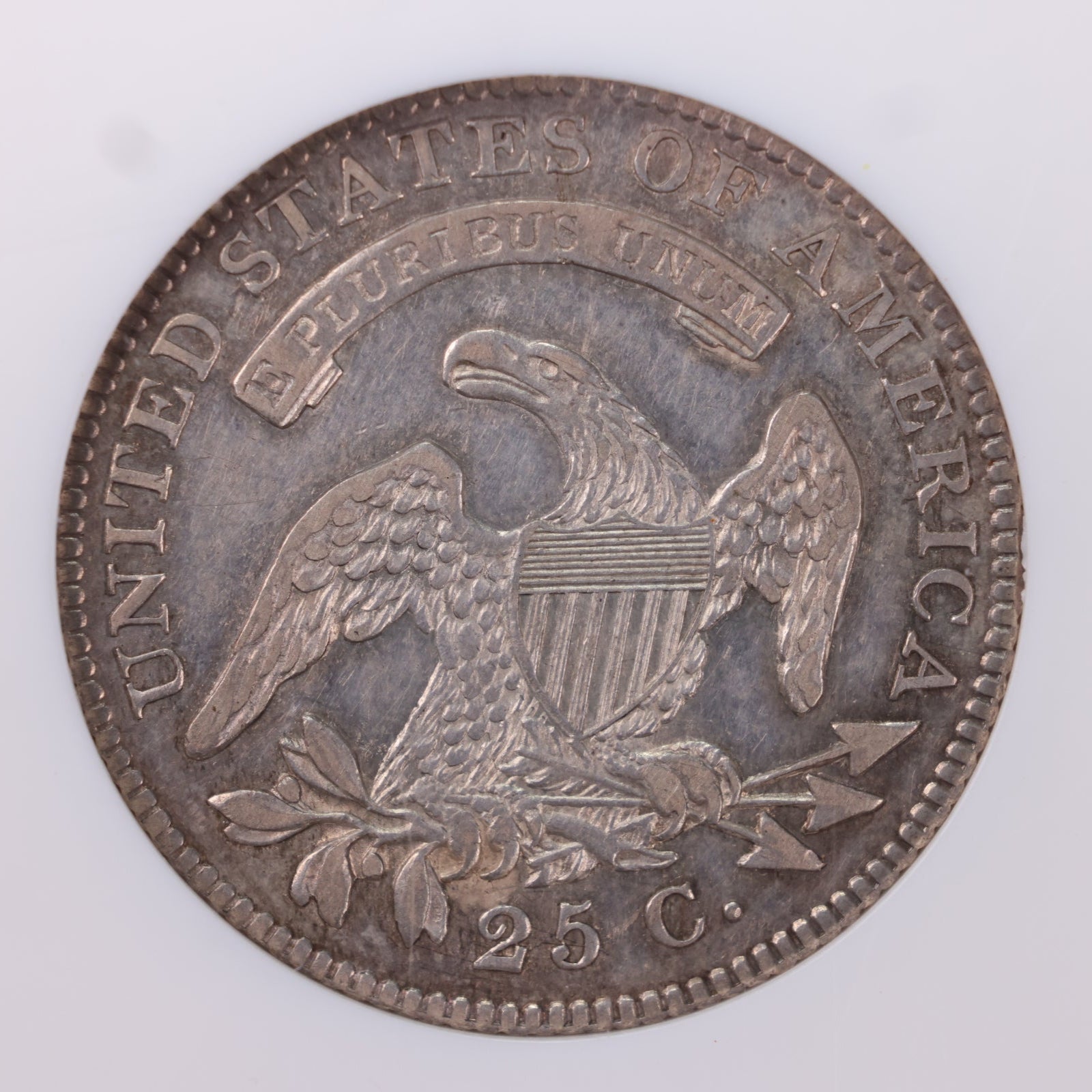 1825 Cap Bust Quarter., Rare 5 over 3., (B-2)., NGC AU-50., STORE# GQR002