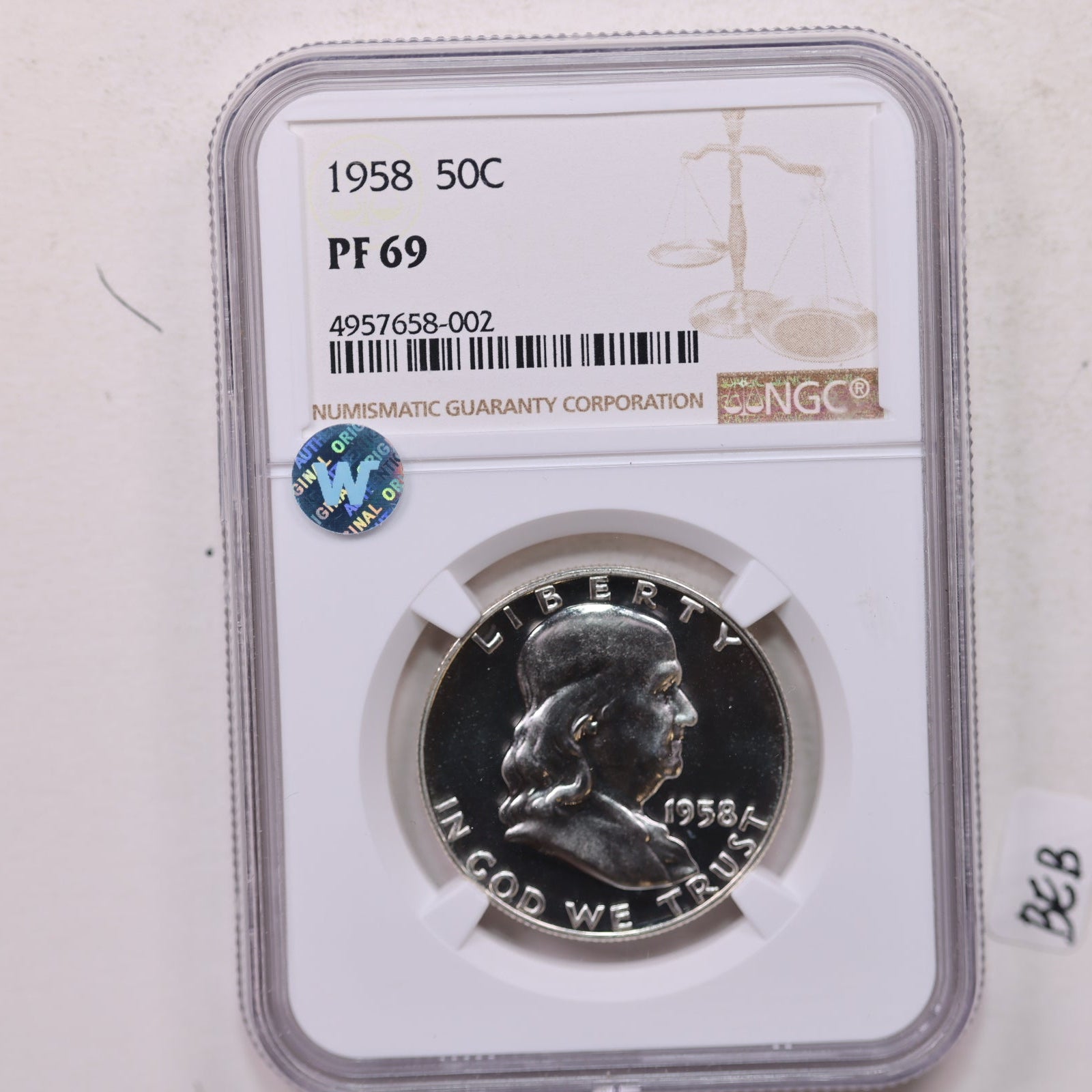 1958 Franklin Half Dollar, Gem Proof Strike, NGC PF 69, Store #GHR140