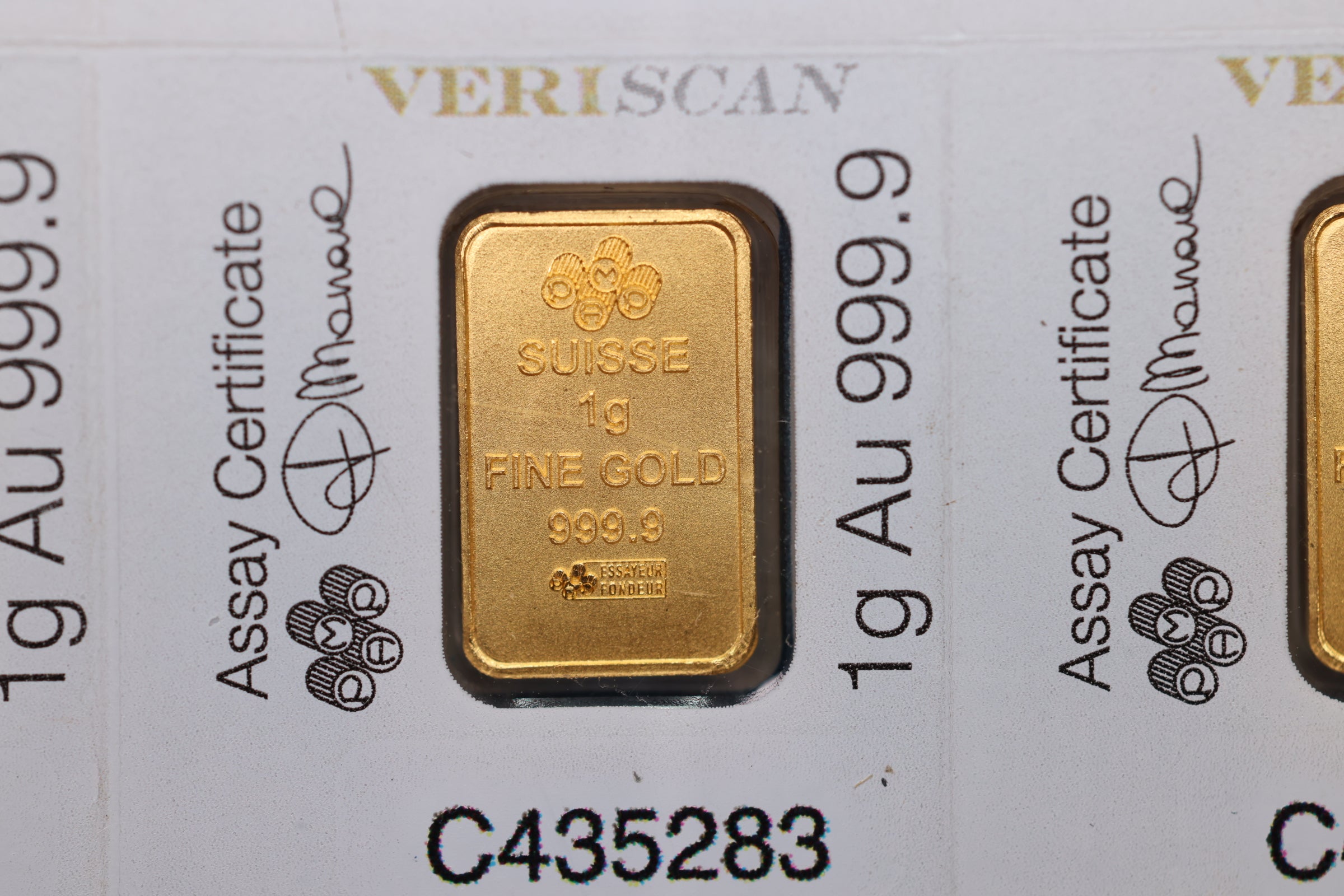 1 Gram Bars, 999.9 pure, Each carded in Assay Certificate, Various Bars, Store Sale #G0128.