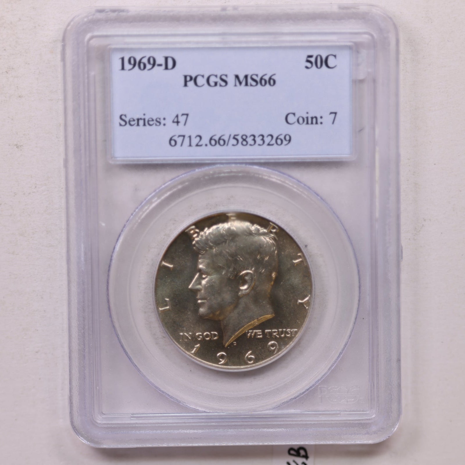 1969-D Kennedy Clad Half Dollar, Uncirculated Coin, PCGS MS-66, Store #GHR146.