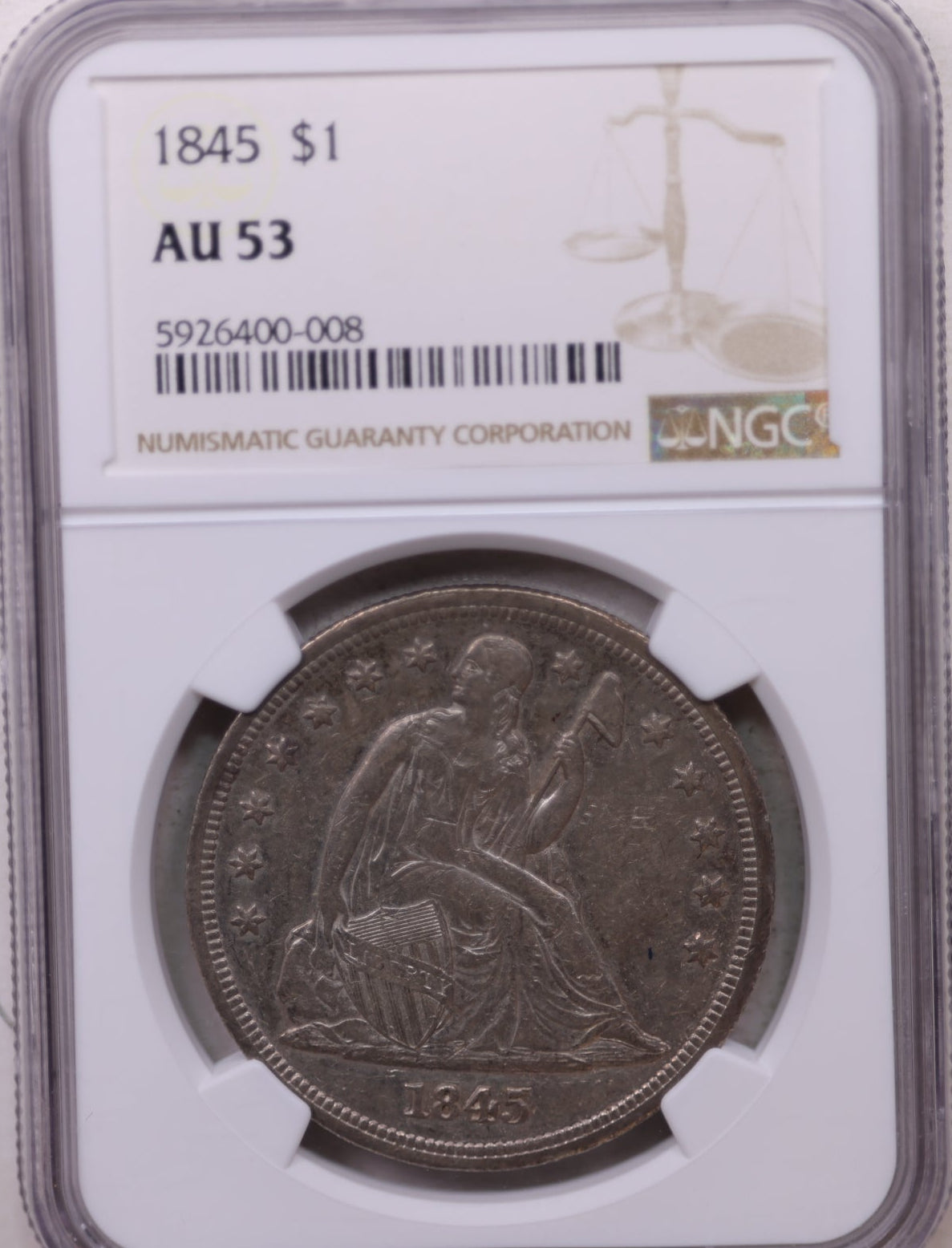 1845 Seated Liberty Silver Dollar, Circulated Coin, NGC AU-53, Store #GDR0329.