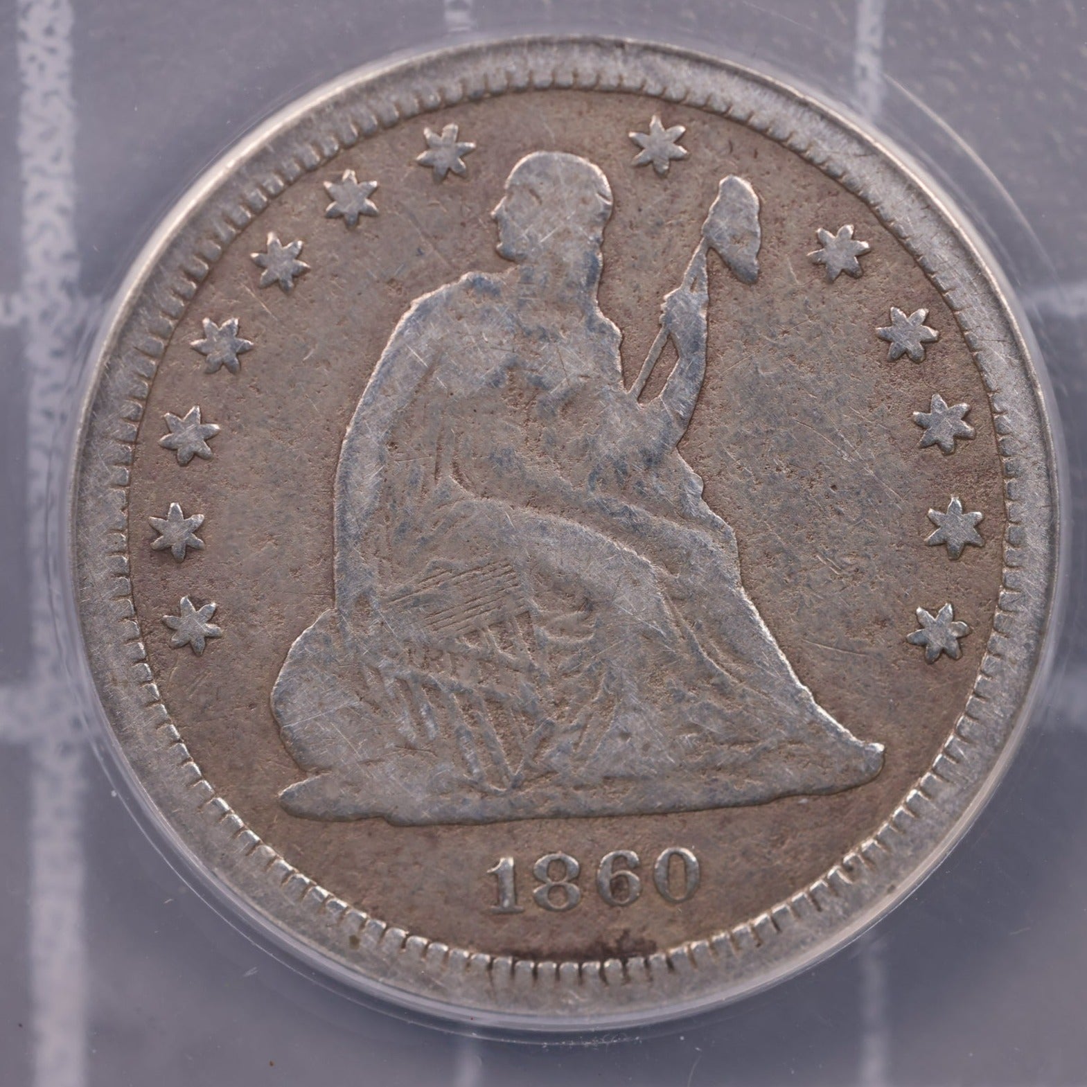 1860-S Seated Liberty Quarter., ANACS VG-08 Details., Store #0879